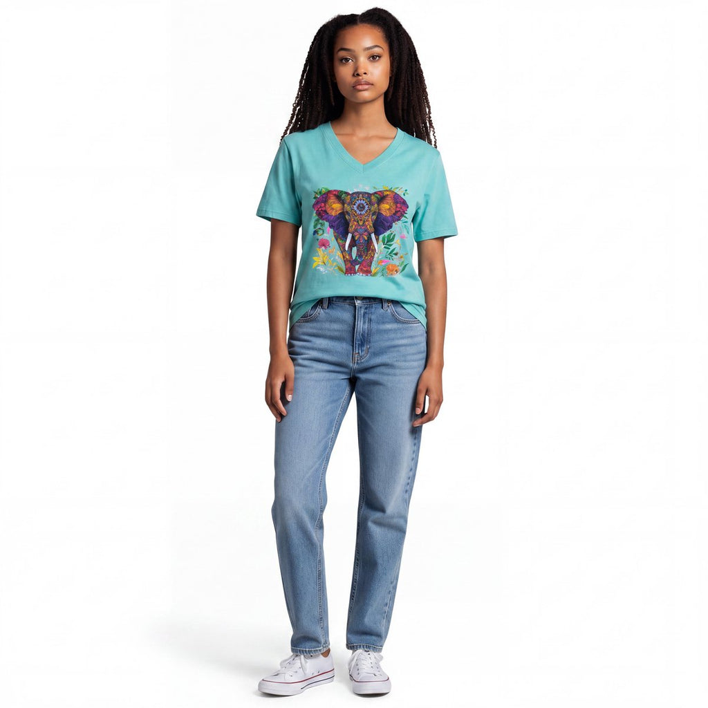 Dames shirt -Olifant- V-hals met print – korte mouw – comfortabel katoen