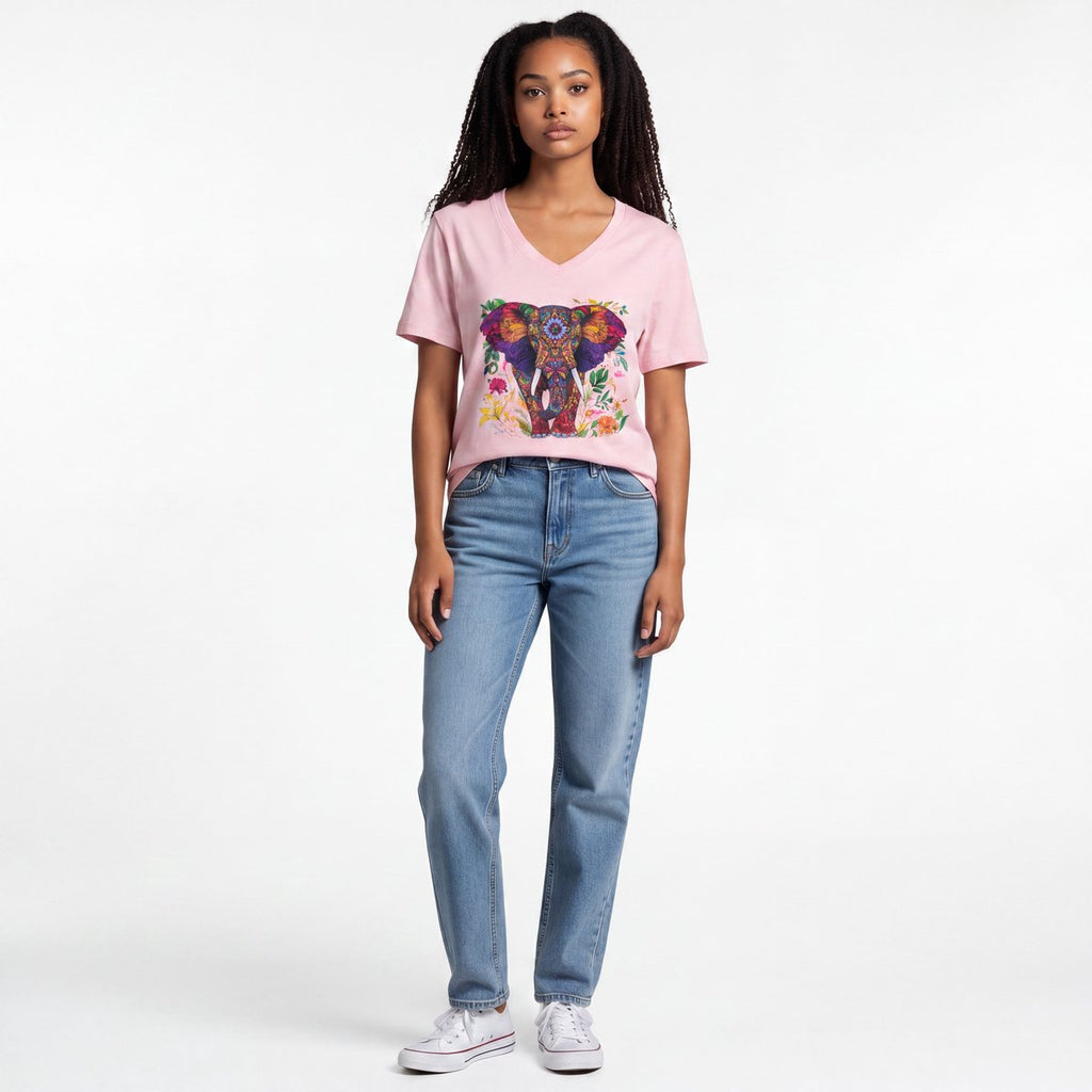 Dames shirt -Olifant- V-hals met print – korte mouw – comfortabel katoen