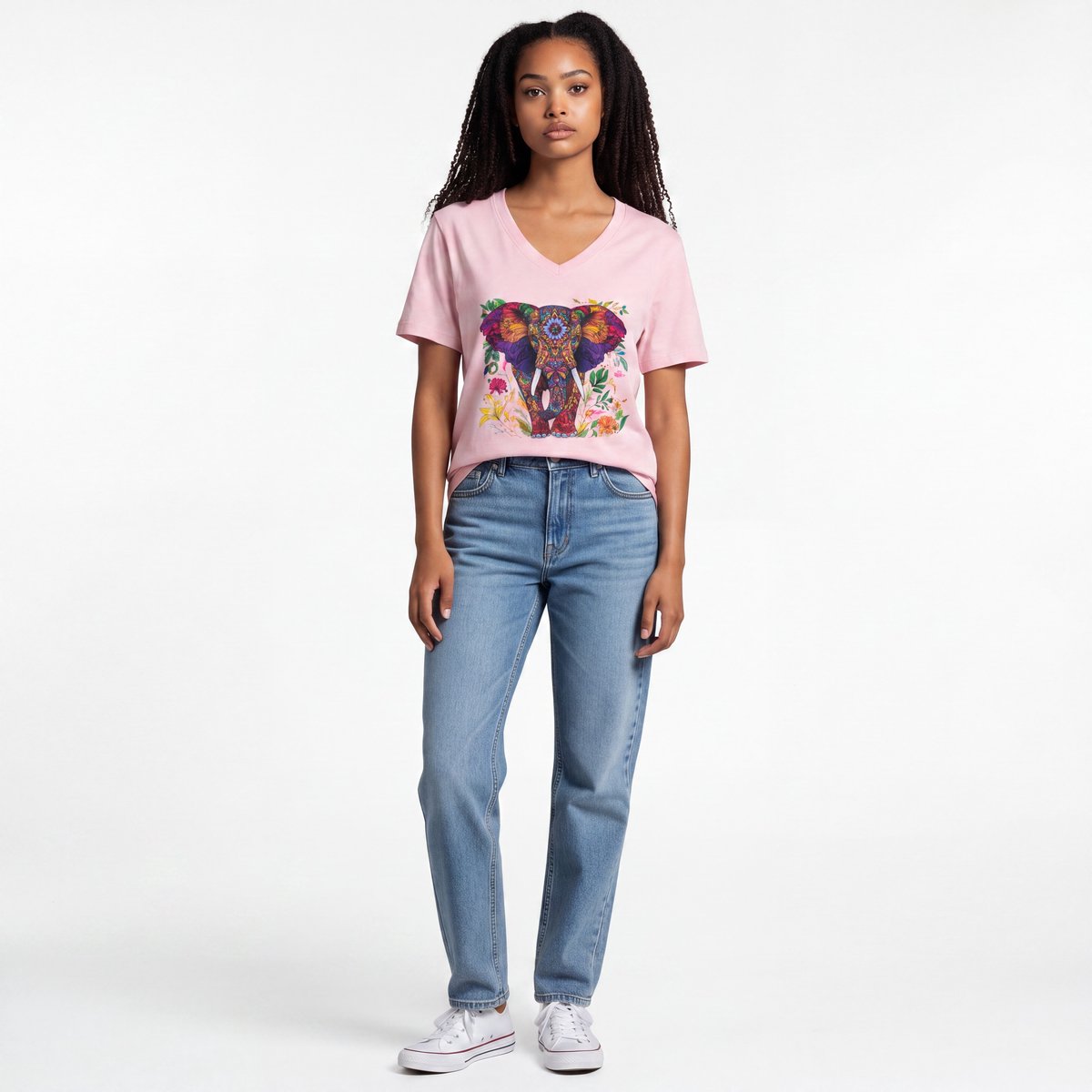 Dames shirt -Olifant- V-hals met print – korte mouw – comfortabel katoen