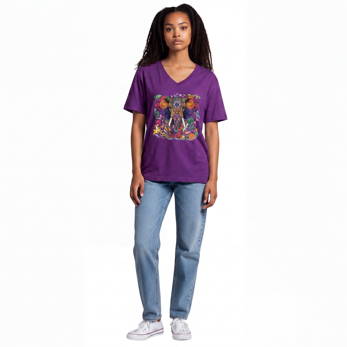 Dames shirt -Olifant- V-hals met print – korte mouw – comfortabel katoen