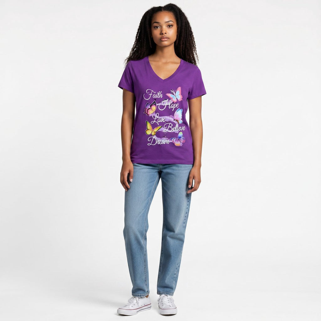 Dames shirt -Faith & Hope - V-hals met print – korte mouw – comfortabel katoen
