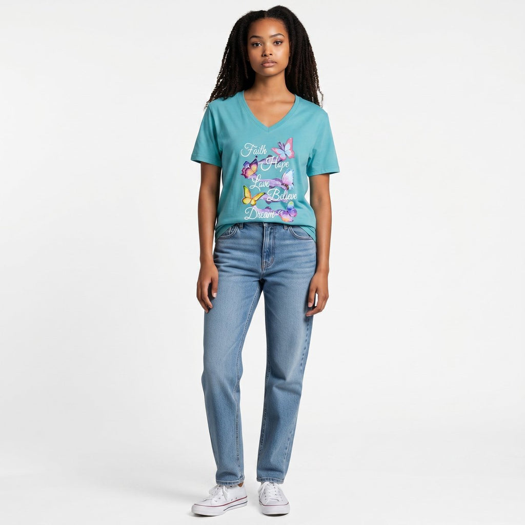 Dames shirt -Faith & Hope - V-hals met print – korte mouw – comfortabel katoen