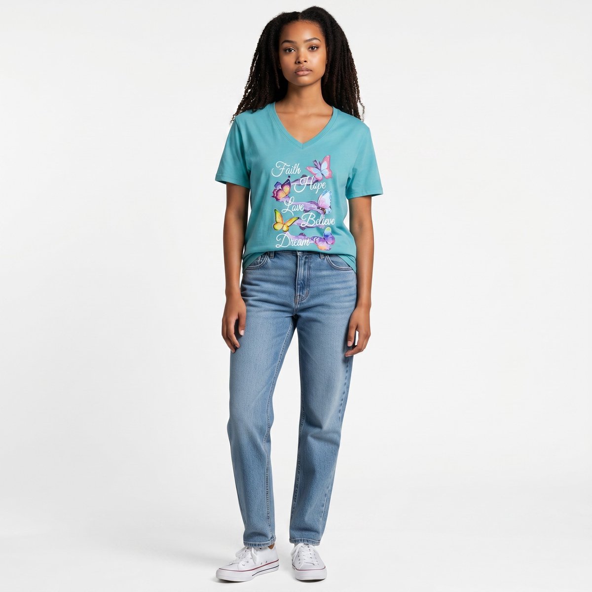 Dames shirt -Faith & Hope - V-hals met print – korte mouw – comfortabel katoen