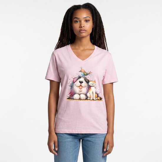 Dames shirt - cats & dogs - V-hals met print – korte mouw – comfortabel katoen