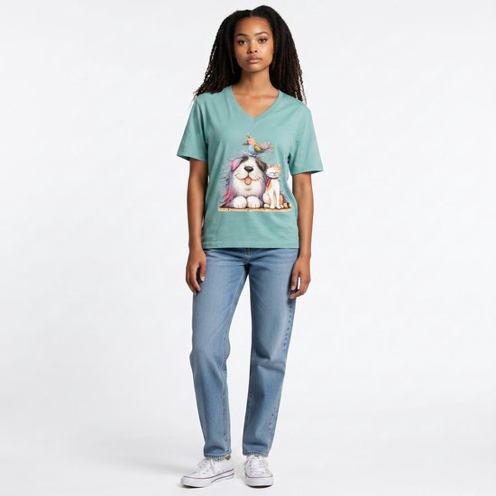 Dames shirt - cats & dogs - V-hals met print – korte mouw – comfortabel katoen