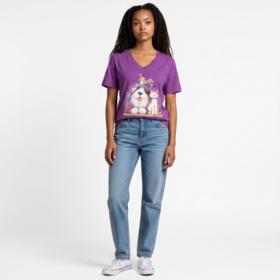 Dames shirt - cats & dogs - V-hals met print – korte mouw – comfortabel katoen