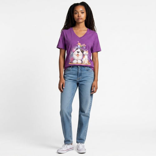 Dames shirt - cats & dogs - V-hals met print – korte mouw – comfortabel katoen