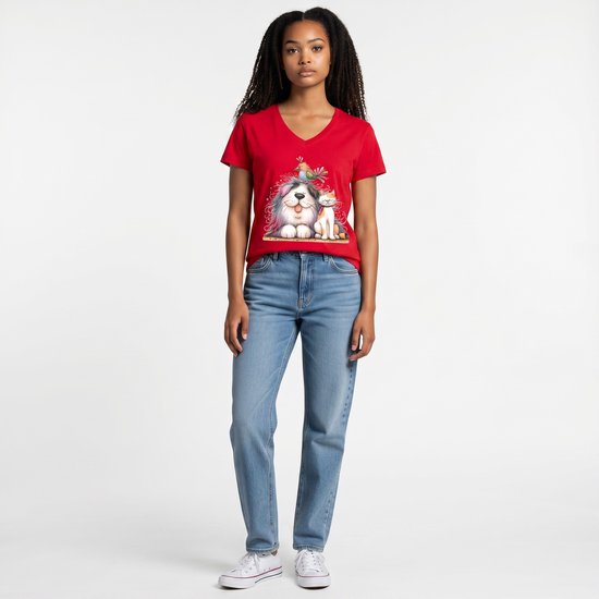Dames shirt - cats & dogs - V-hals met print – korte mouw – comfortabel katoen