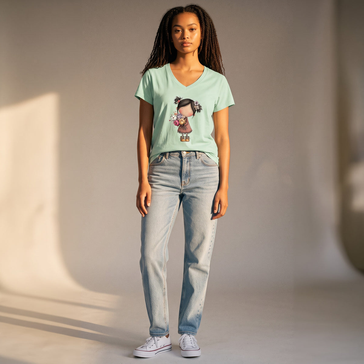 Dames T-shirt dusty blue- Bloemenmeid – V-hals met print – korte mouw – comfortabel katoen