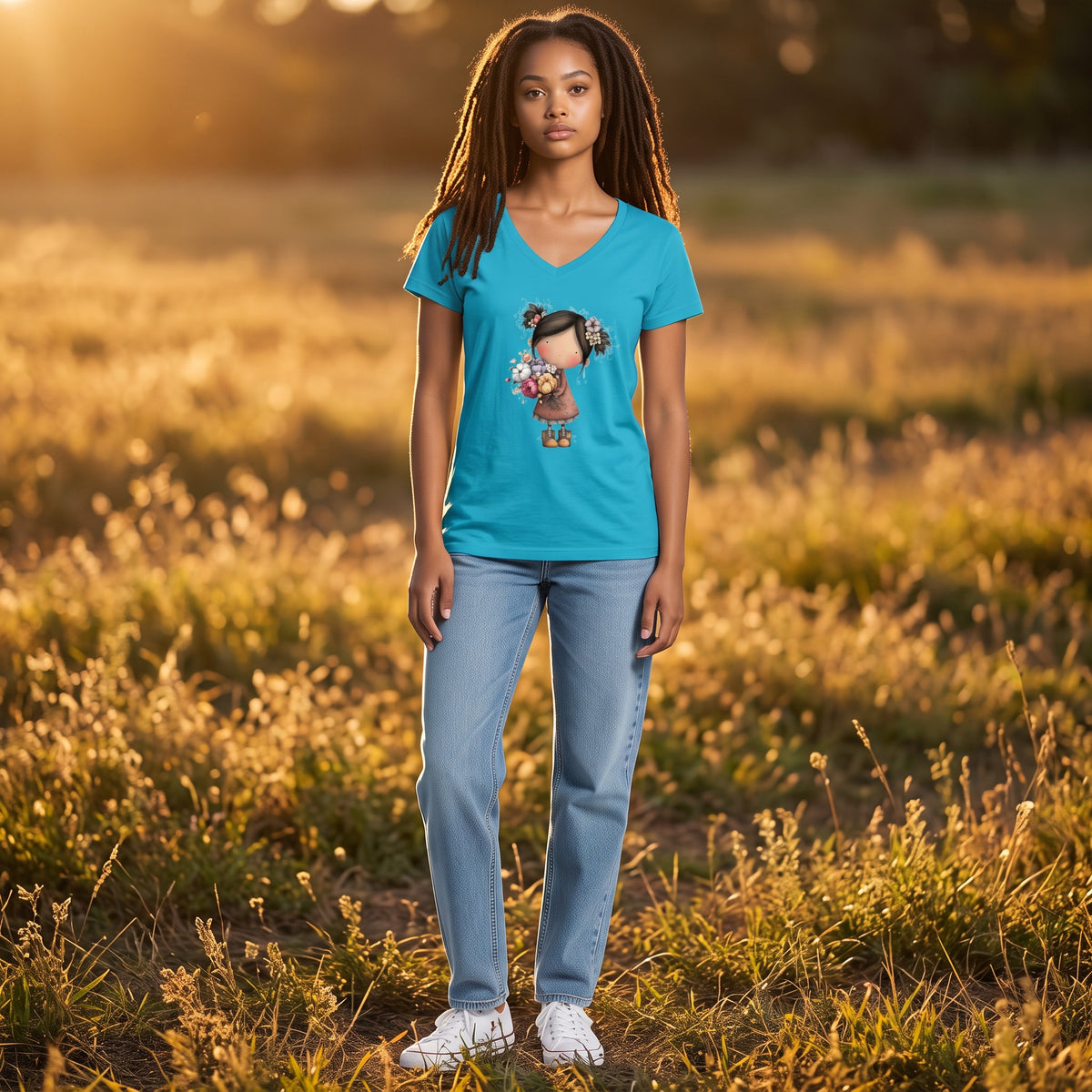 Dames T-shirt dusty blue- Bloemenmeid – V-hals met print – korte mouw – comfortabel katoen