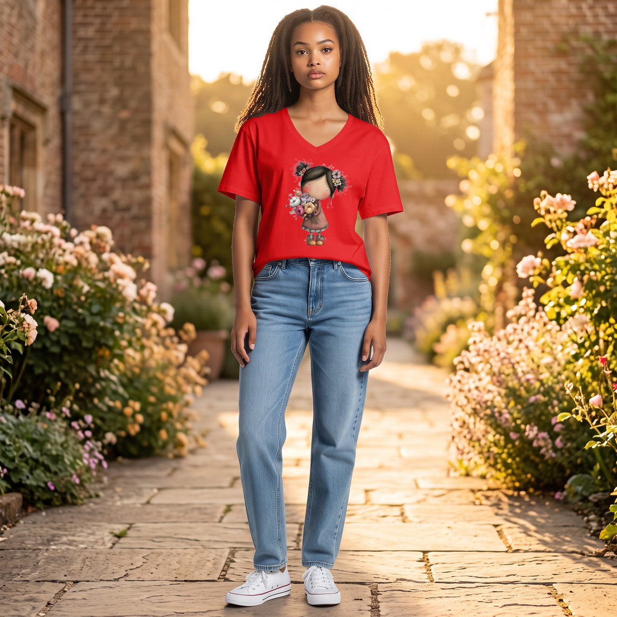 Dames T-shirt dusty blue- Bloemenmeid – V-hals met print – korte mouw – comfortabel katoen