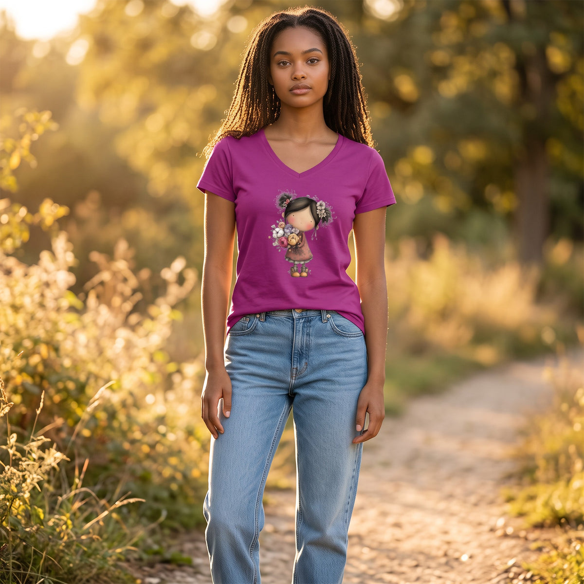 Dames T-shirt dusty blue- Bloemenmeid – V-hals met print – korte mouw – comfortabel katoen