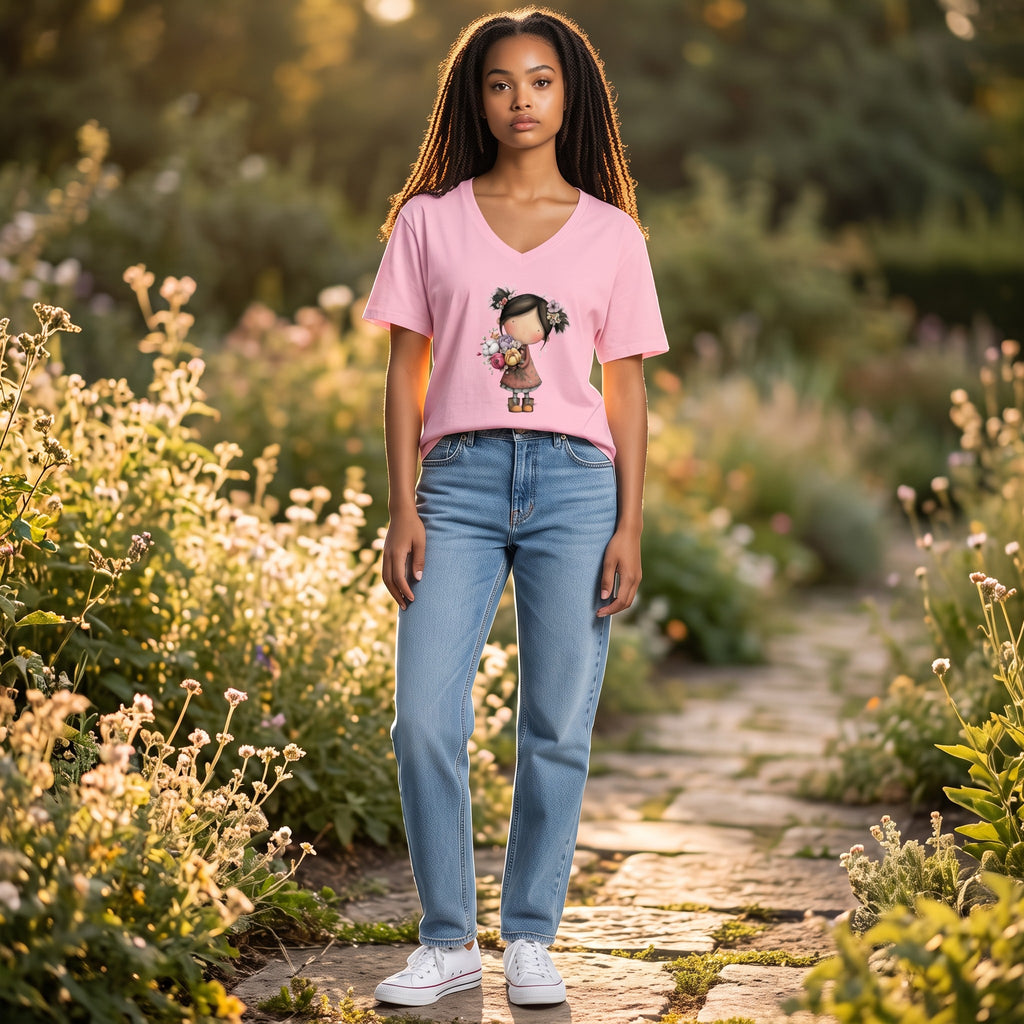 Dames T-shirt dusty blue- Bloemenmeid – V-hals met print – korte mouw – comfortabel katoen