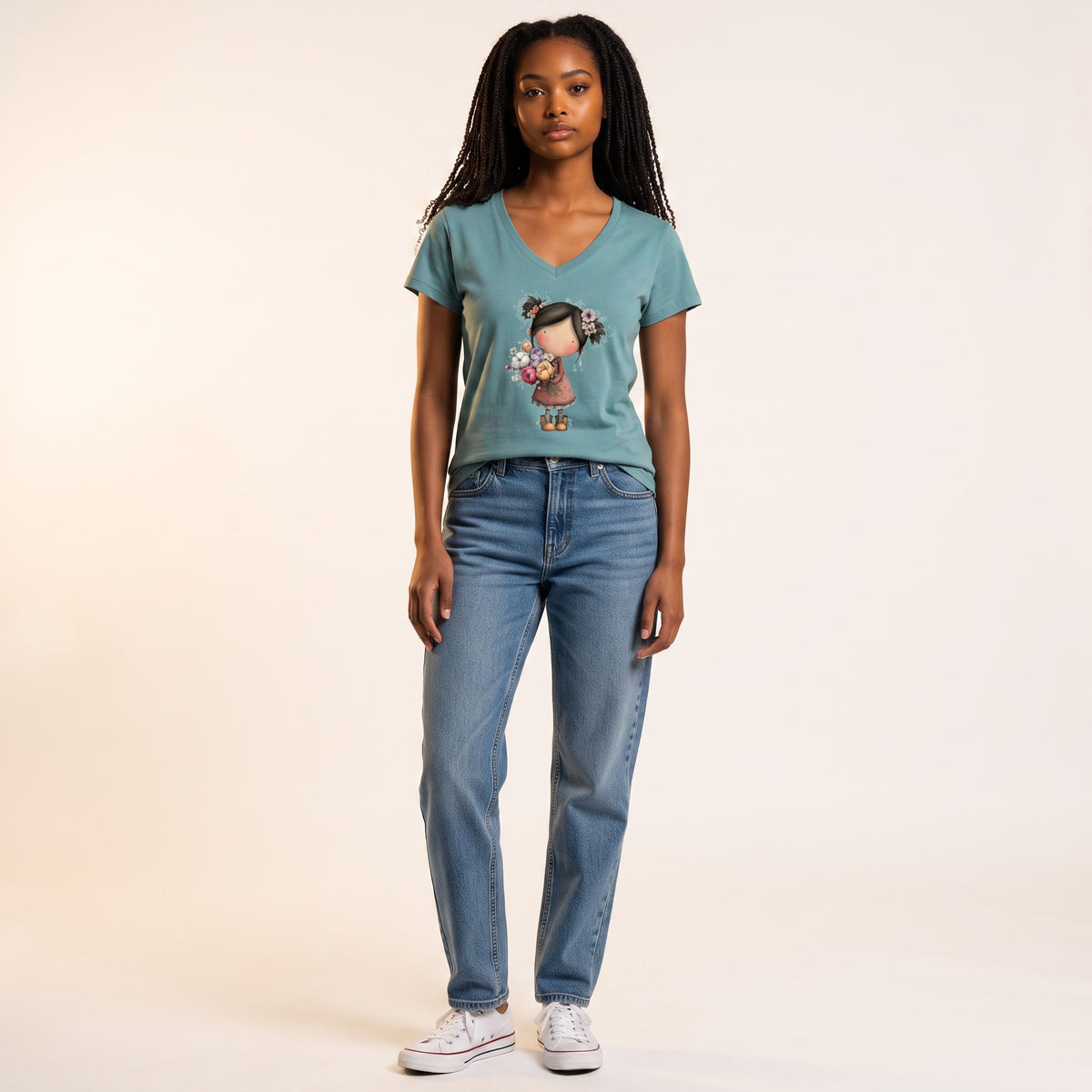 Dames T-shirt dusty blue- Bloemenmeid – V-hals met print – korte mouw – comfortabel katoen