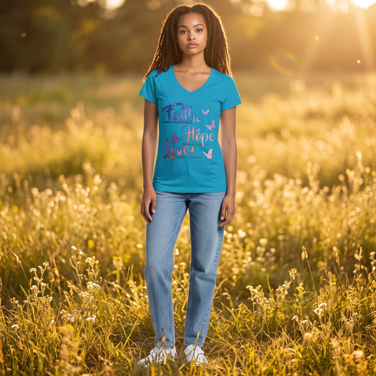 Dames shirt -Faith & Hope - V-hals met print – korte mouw – comfortabel katoen