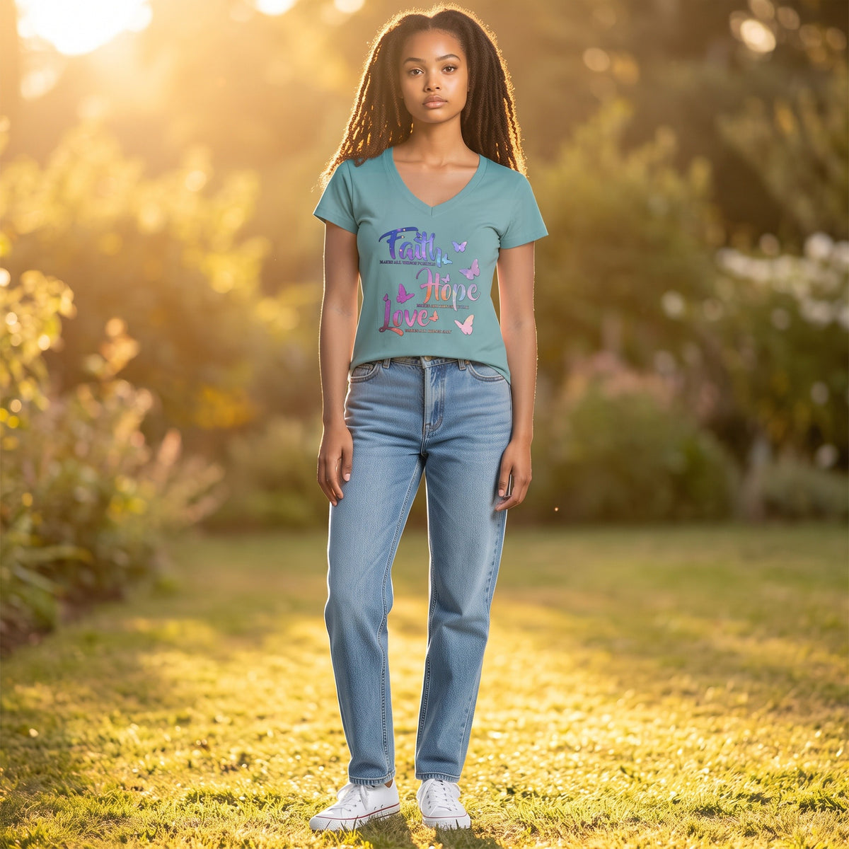 Dames shirt -Faith & Hope - V-hals met print – korte mouw – comfortabel katoen