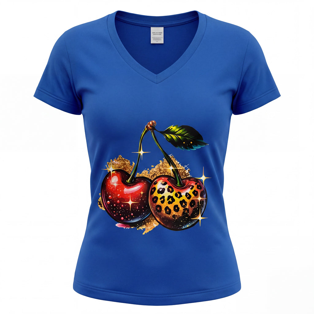 Dames shirt wit – V-hals - kersen – korte mouw – comfortabel katoen