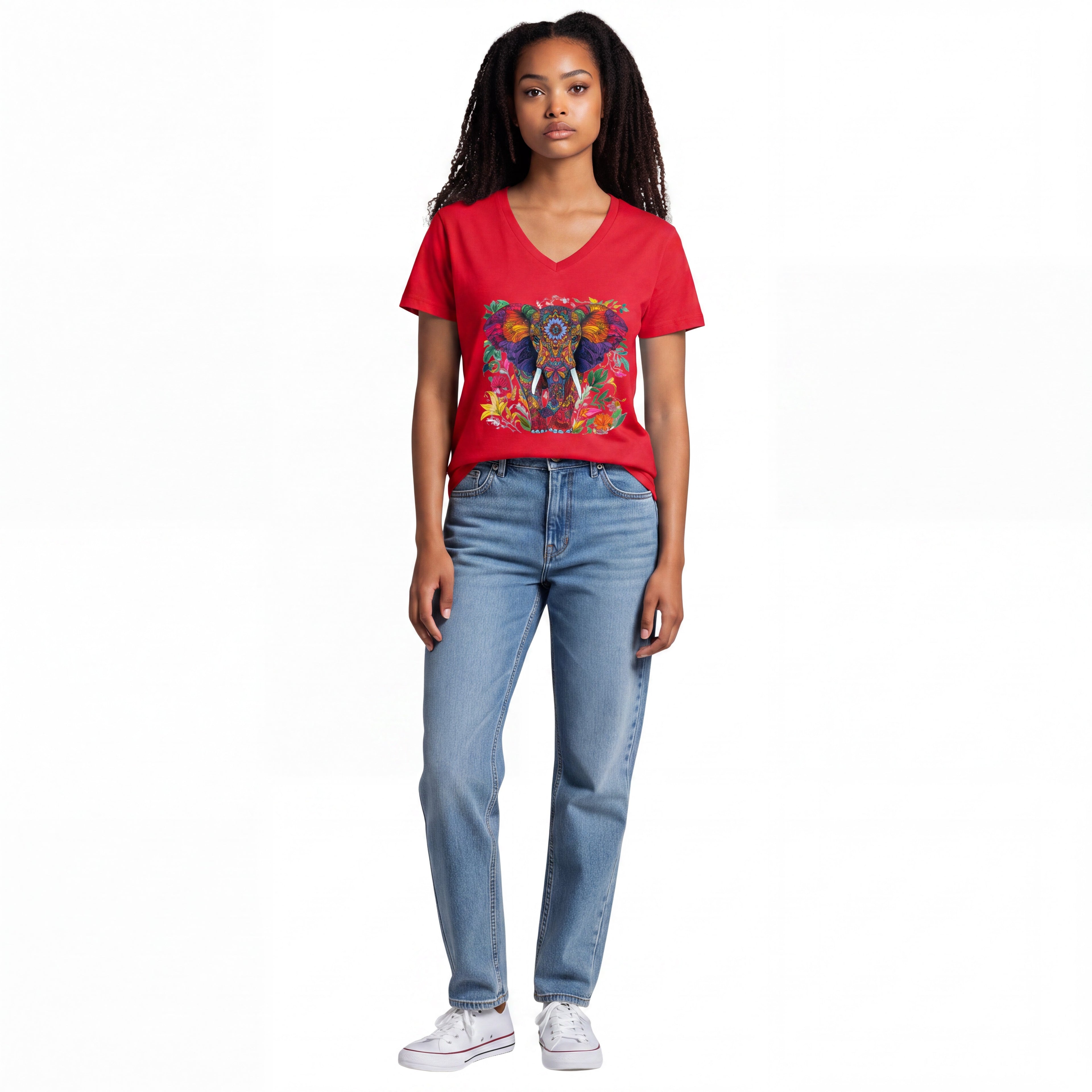 Dames shirt -Olifant- V-hals met print – korte mouw – comfortabel katoen