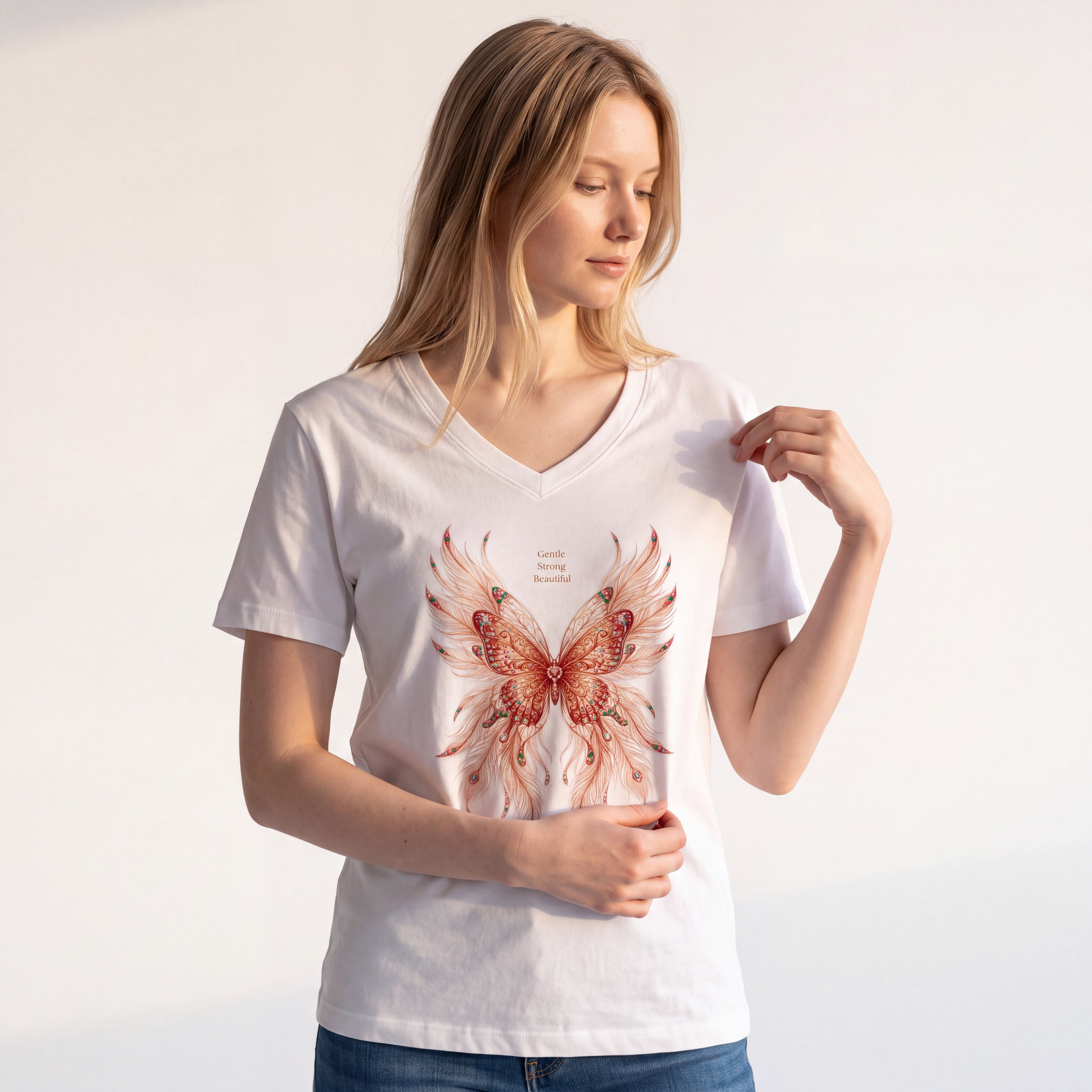 Dames shirt - Butterfly -V-hals met print – korte mouw – comfortabel katoen