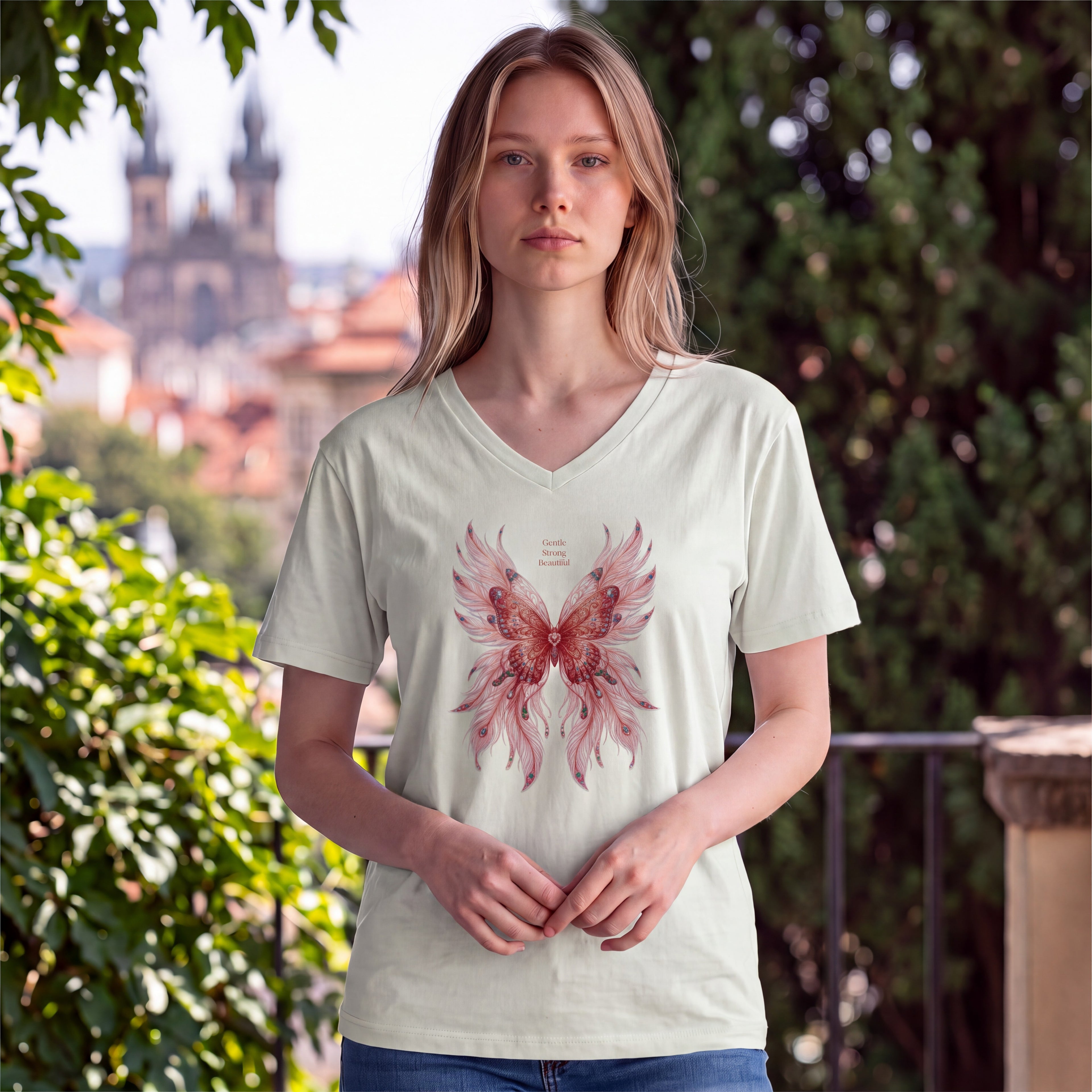 Dames shirt - Butterfly -V-hals met print – korte mouw – comfortabel katoen
