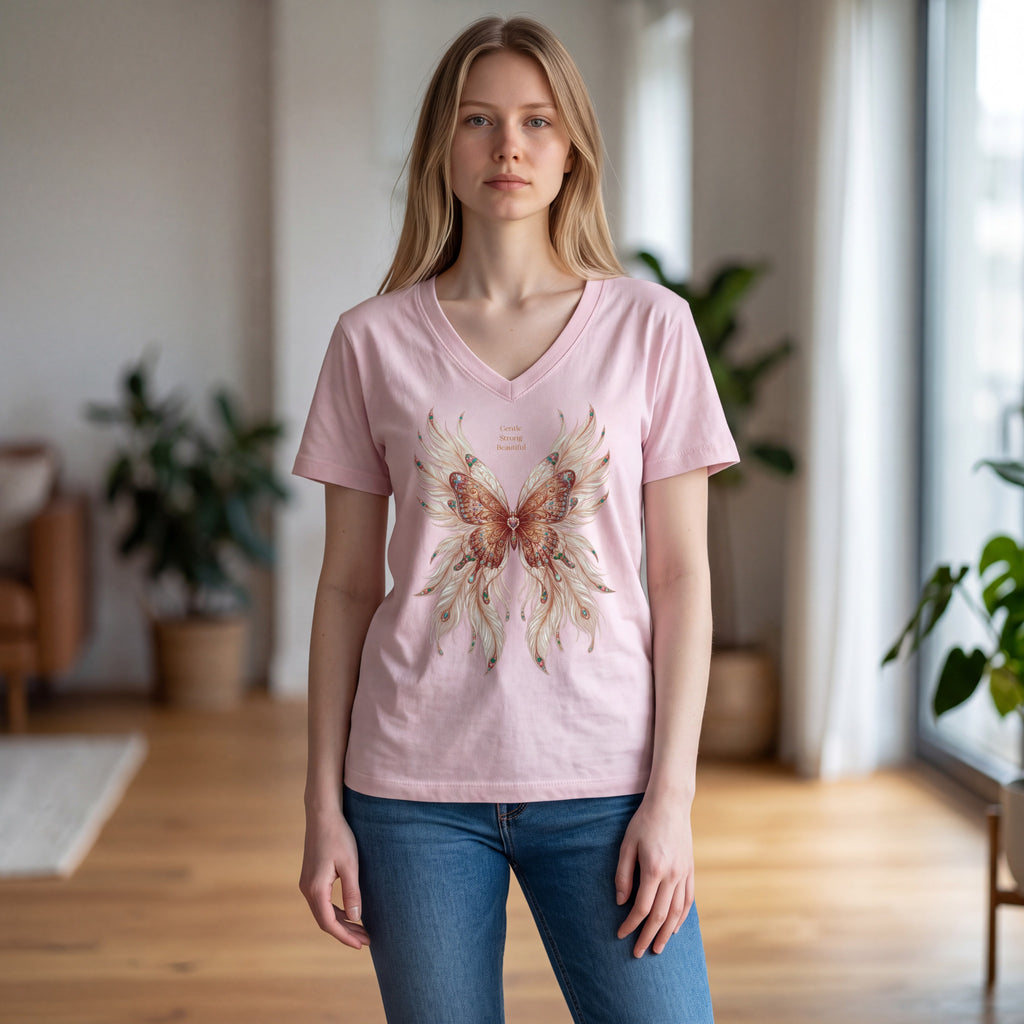 Dames shirt - Butterfly -V-hals met print – korte mouw – comfortabel katoen