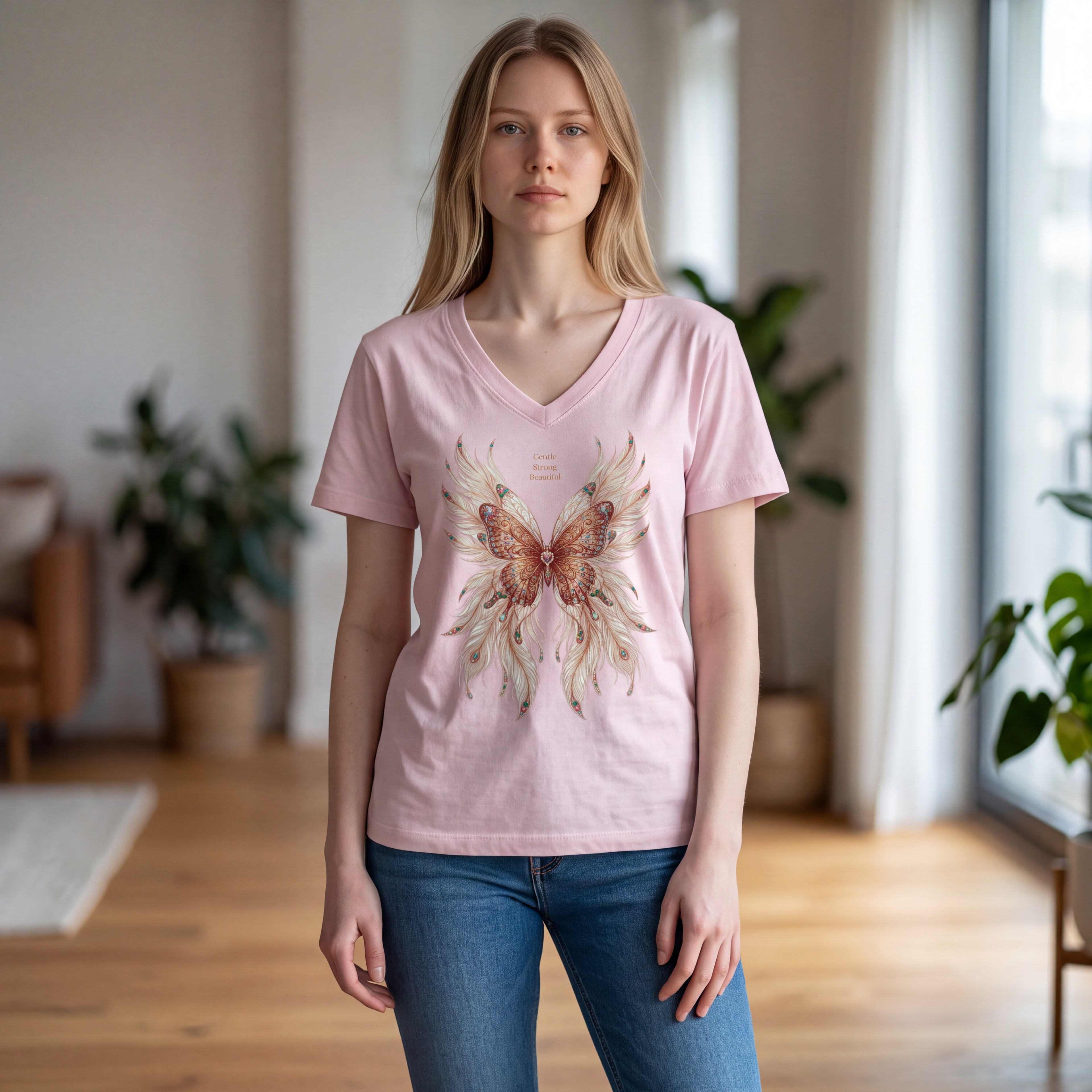 Dames shirt - Butterfly -V-hals met print – korte mouw – comfortabel katoen