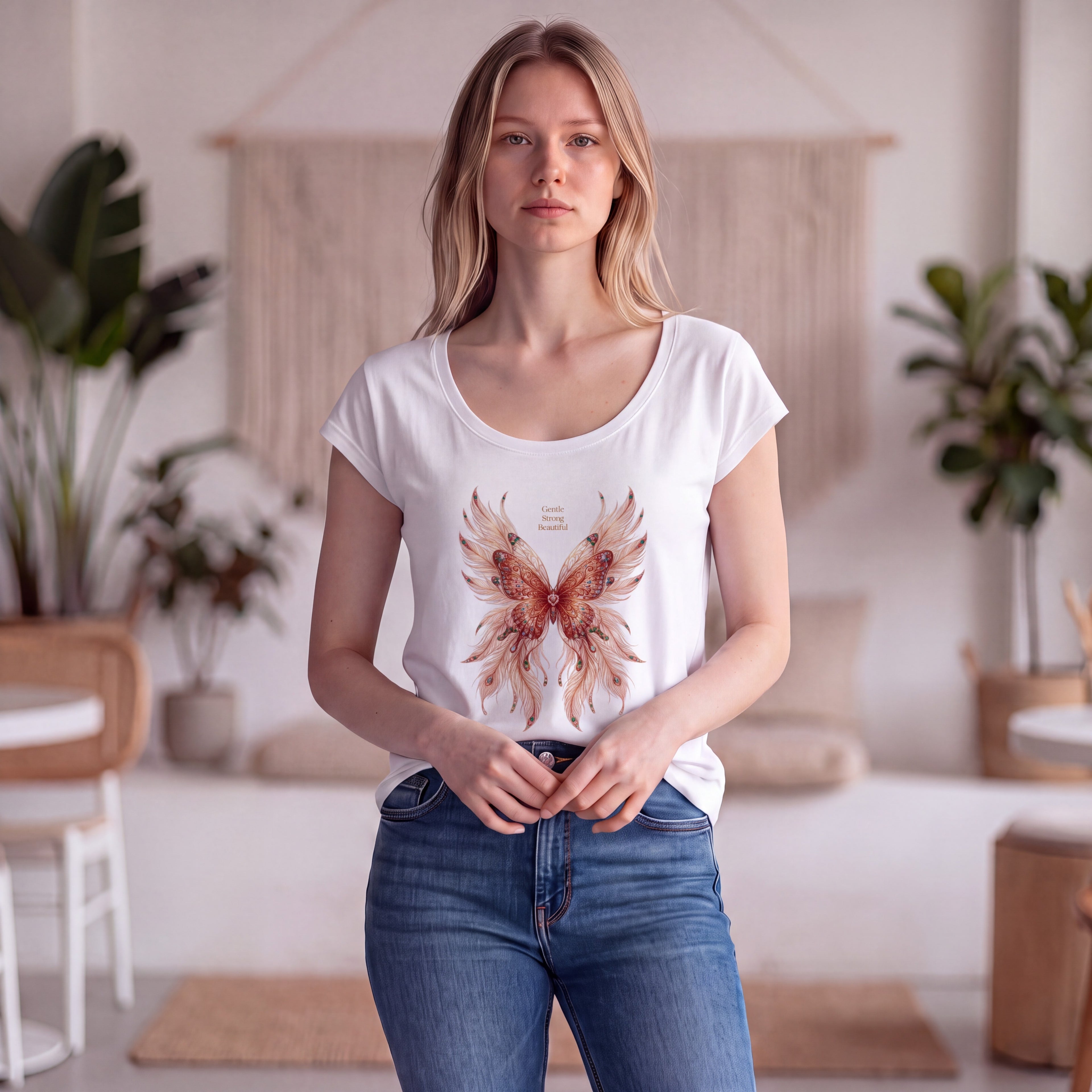 Dames shirt - light mint -dames wide neck tee - met print – korte mouw – comfortabel katoen - Butterfly