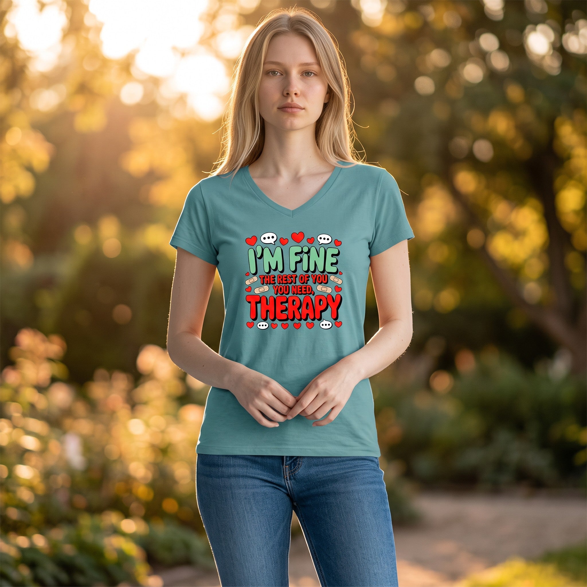Dames T-shirt - I`m fine – V-hals met print – korte mouw – comfortabel katoen