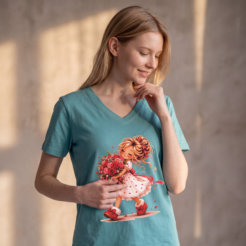 Dames shirt -V-hals met print – korte mouw – comfortabel katoen  - Flower