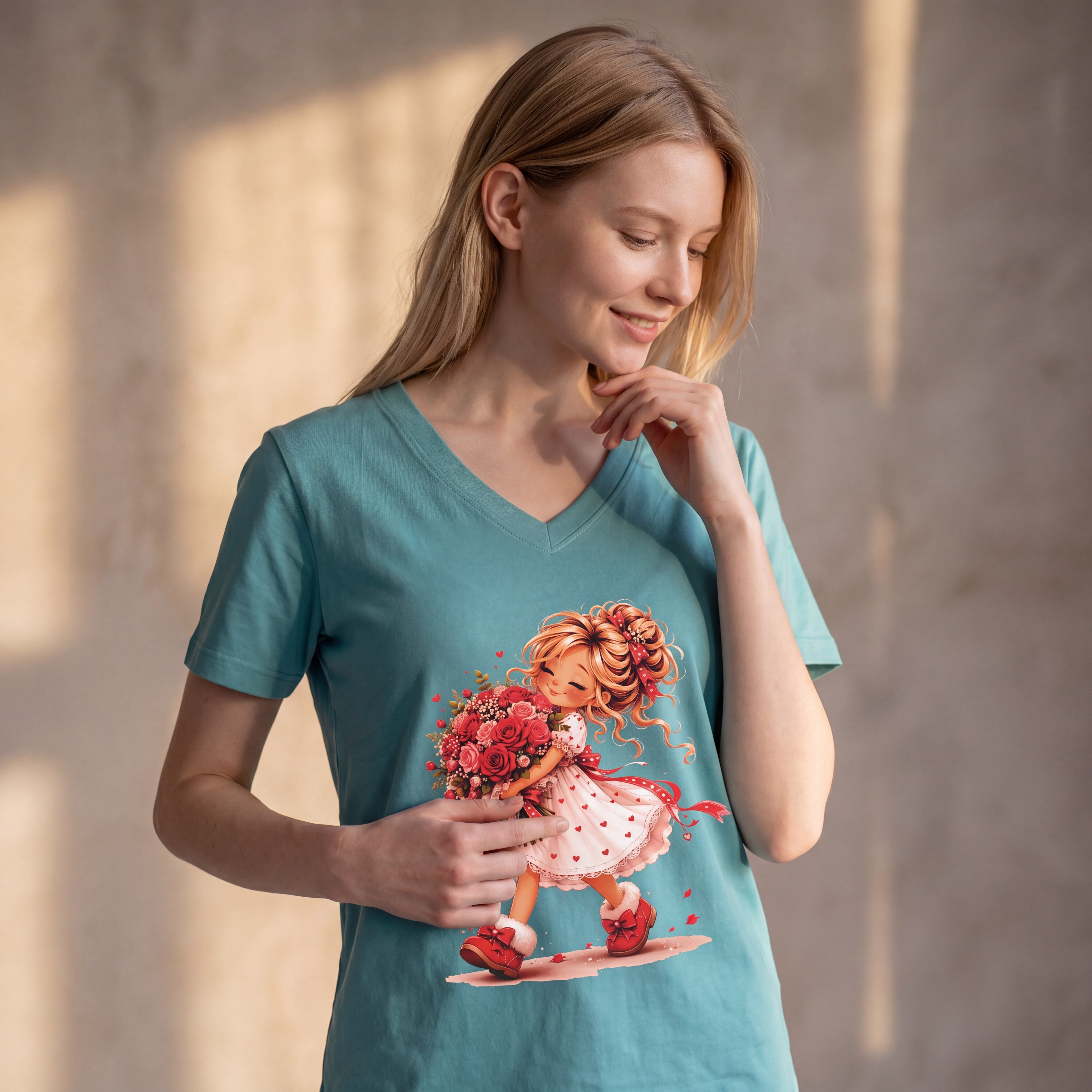 Dames shirt -V-hals met print – korte mouw – comfortabel katoen  - Flower