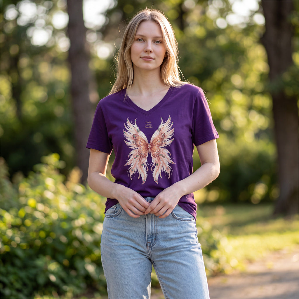Dames shirt - Butterfly -V-hals met print – korte mouw – comfortabel katoen
