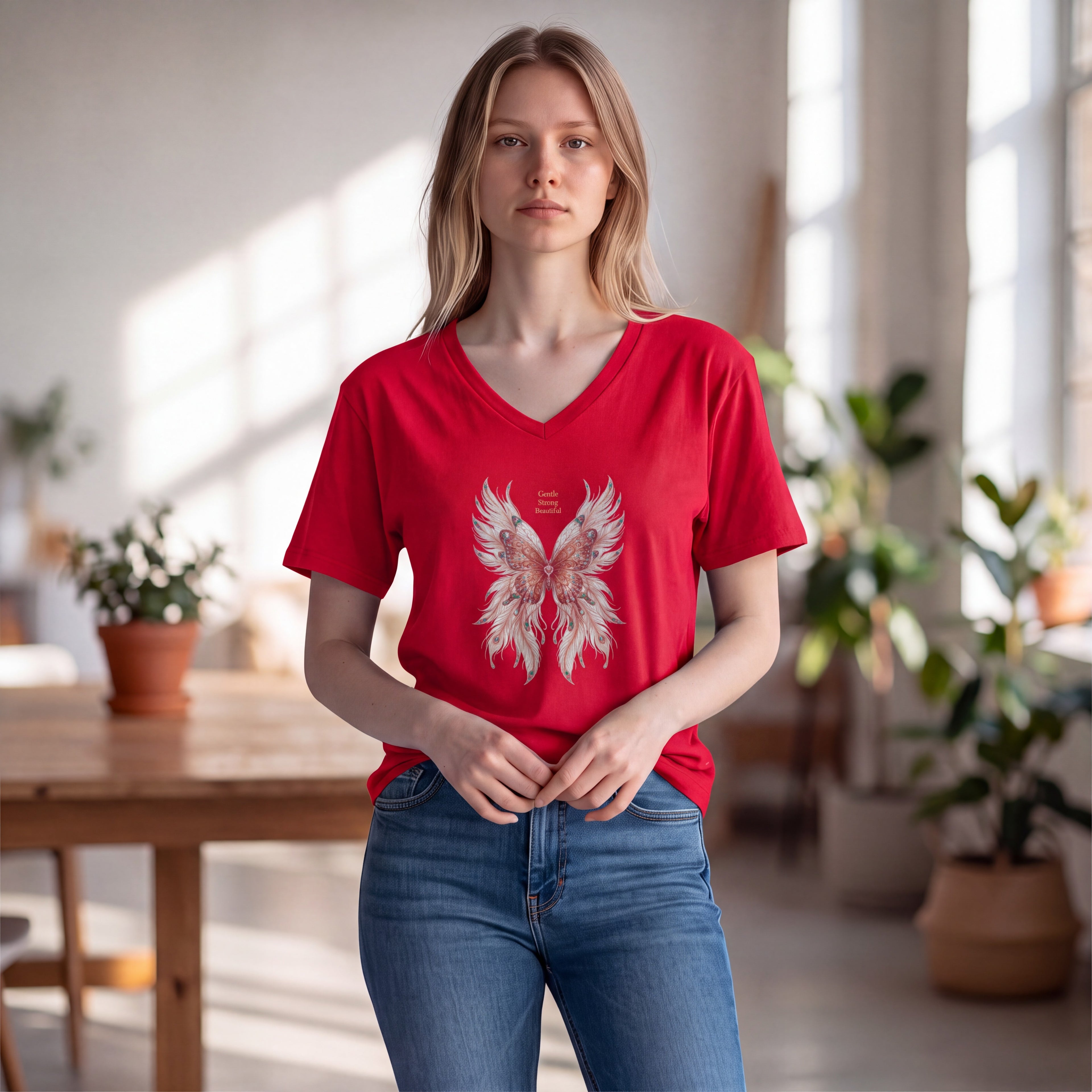 Dames shirt - Butterfly -V-hals met print – korte mouw – comfortabel katoen
