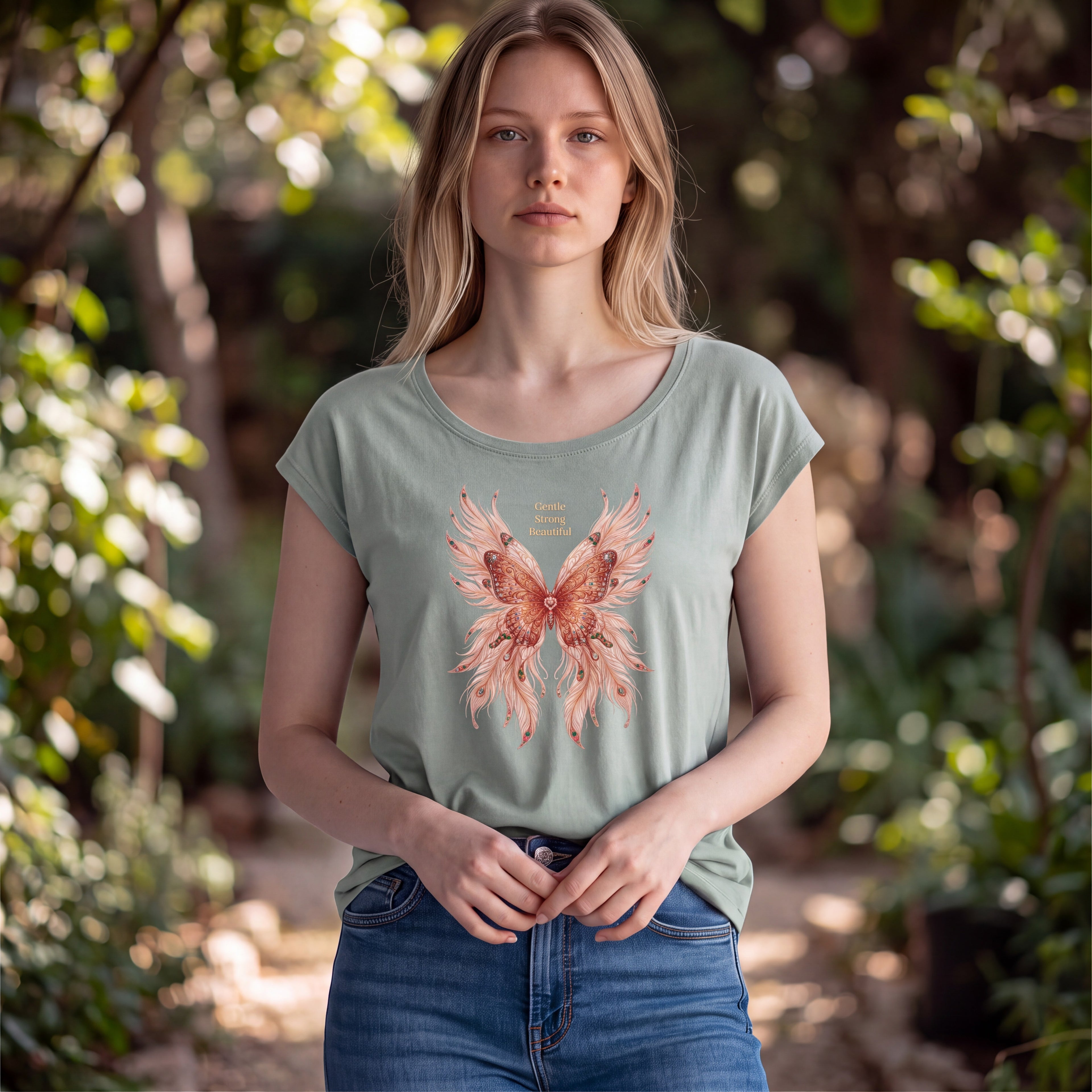 Dames shirt - light mint -dames wide neck tee - met print – korte mouw – comfortabel katoen - Butterfly