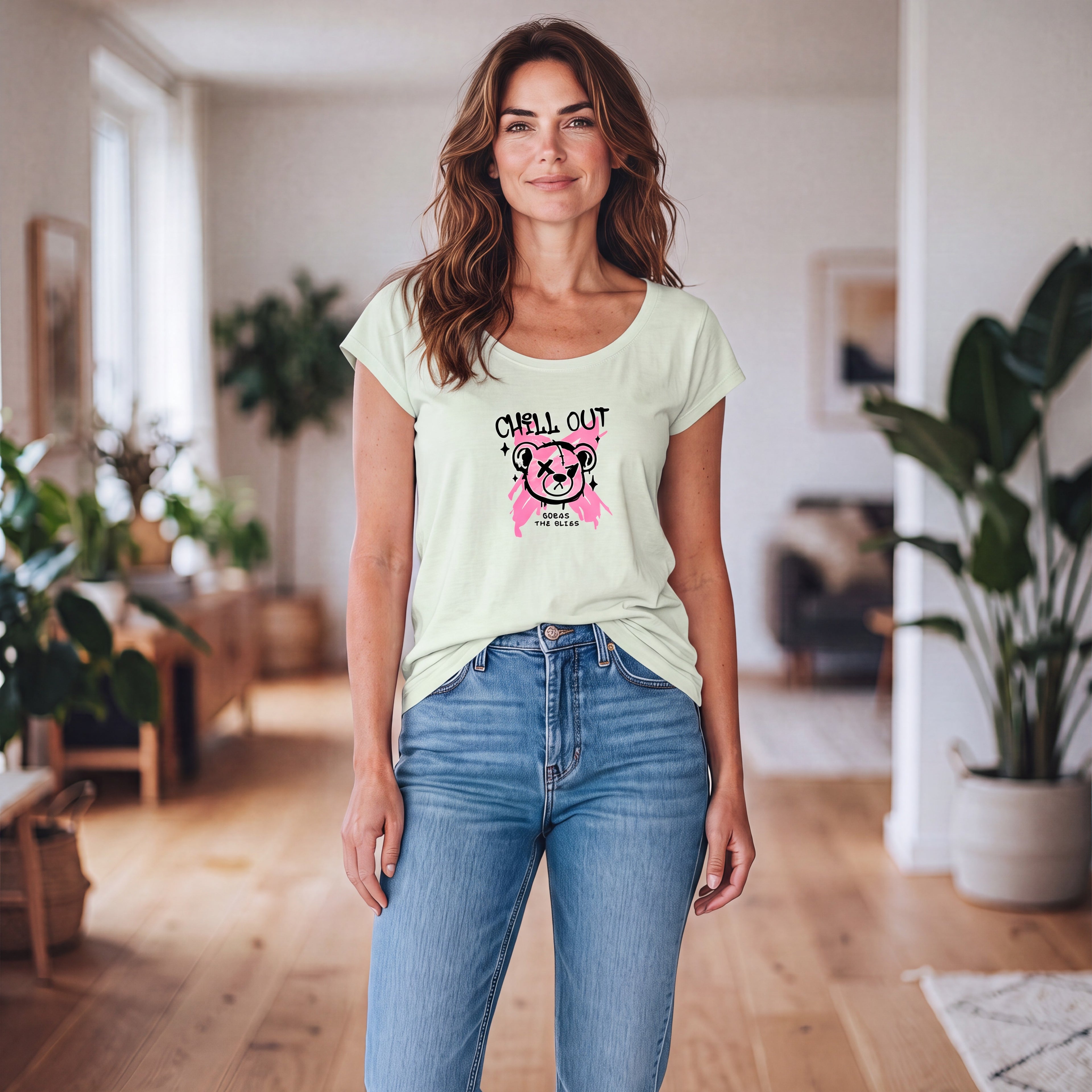 Dames shirt  -dames wide neck tee - met print – korte mouw – comfortabel katoen - Chillout