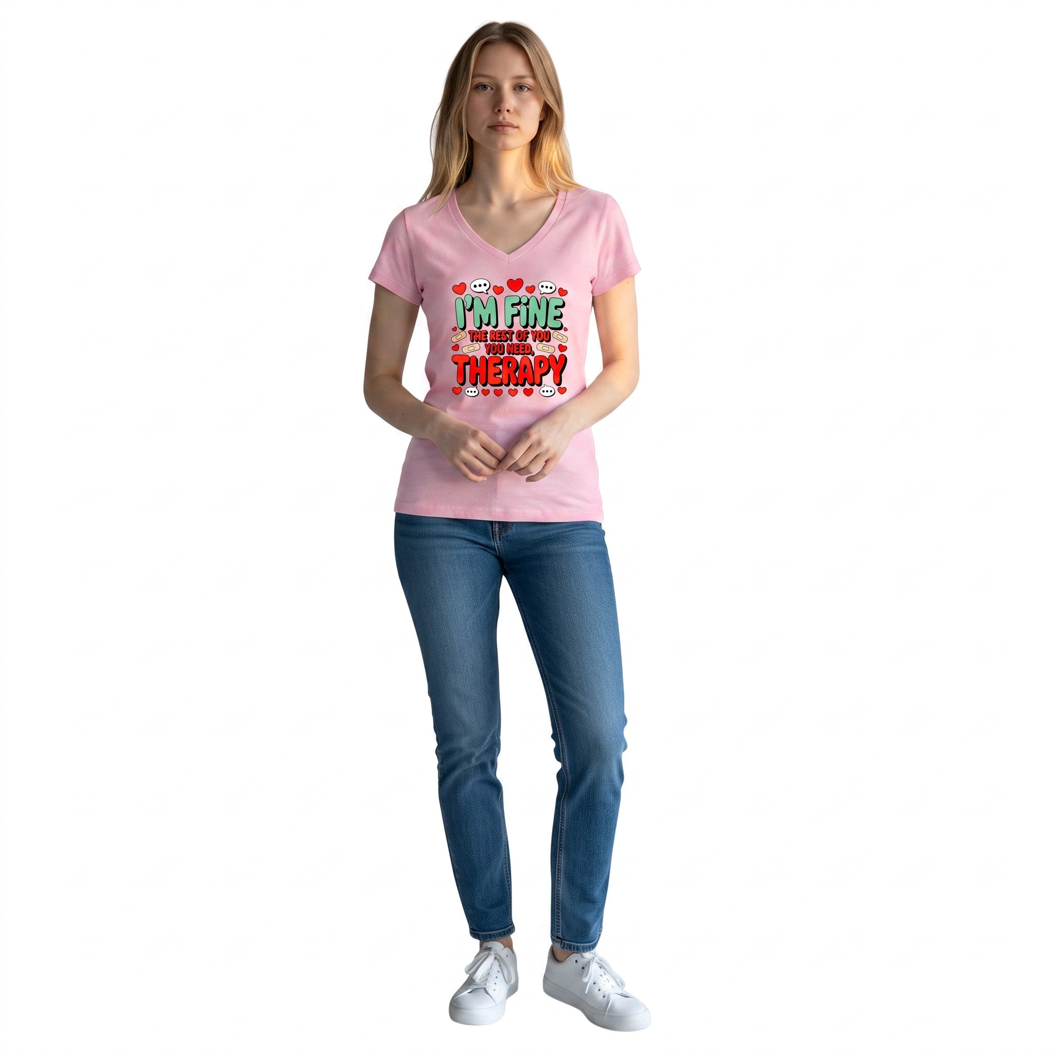 Dames T-shirt - I`m fine – V-hals met print – korte mouw – comfortabel katoen