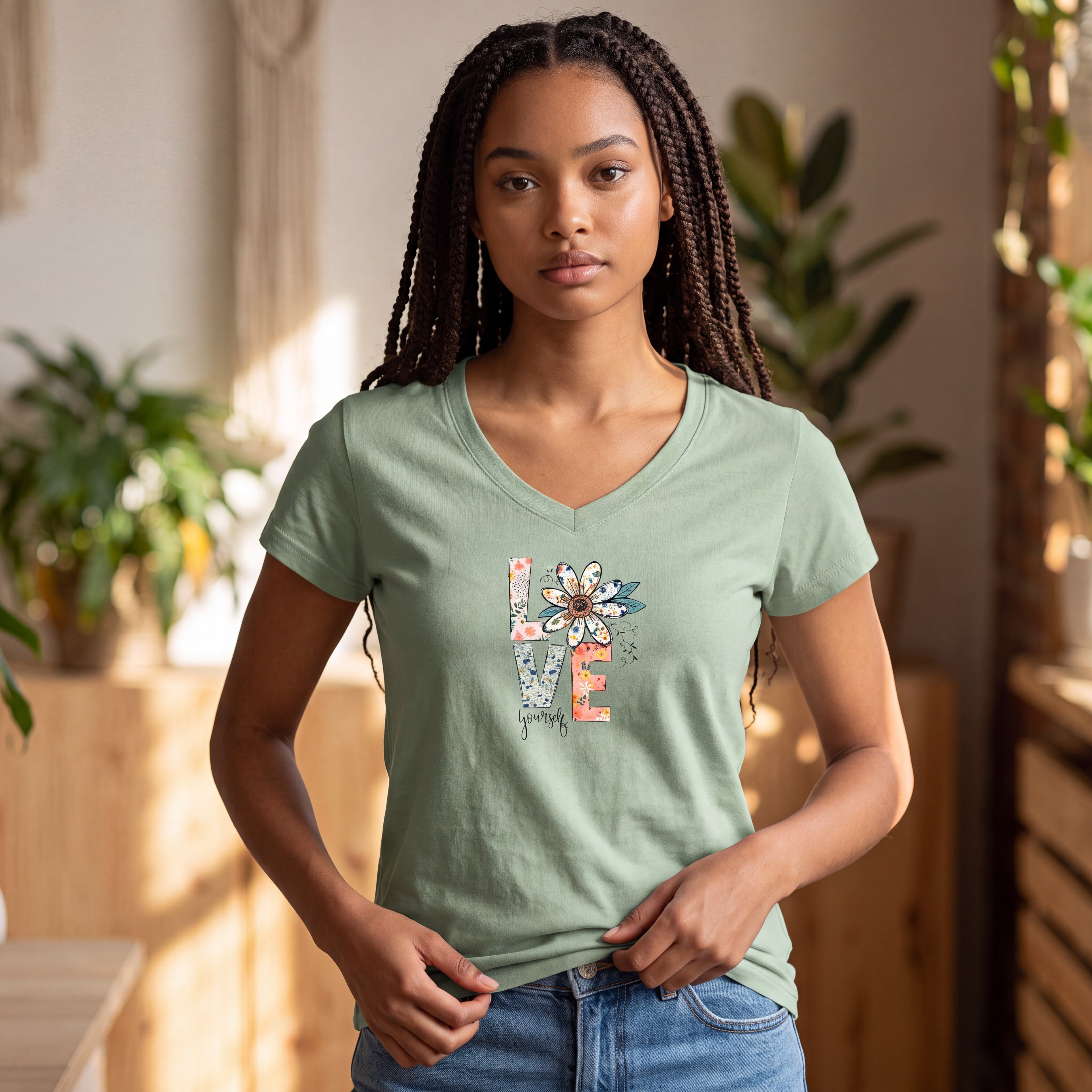 Dames T-shirt - Love yourself - V-hals met print – korte mouw – comfortabel katoen