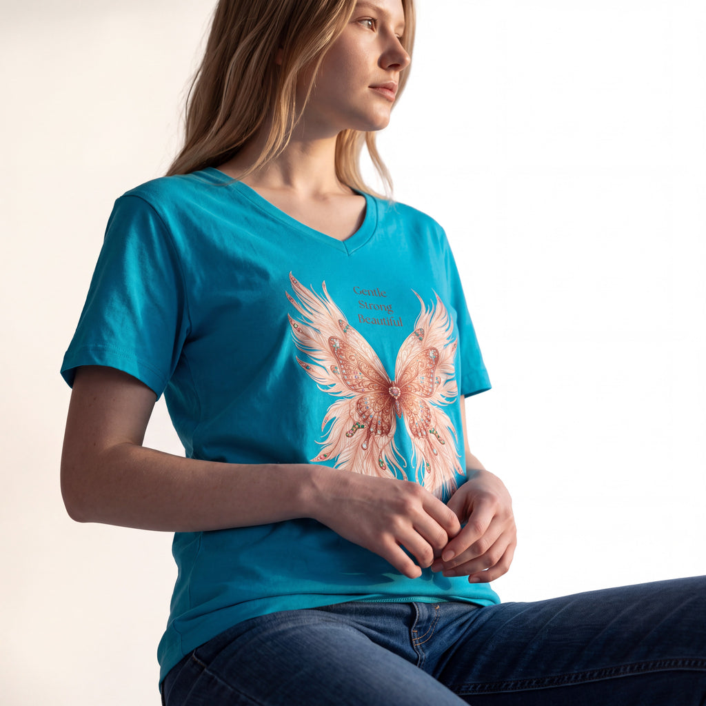 Dames shirt - Butterfly -V-hals met print – korte mouw – comfortabel katoen