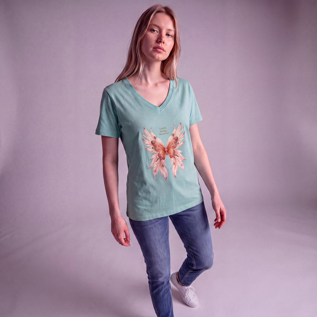 Dames shirt - Butterfly -V-hals met print – korte mouw – comfortabel katoen