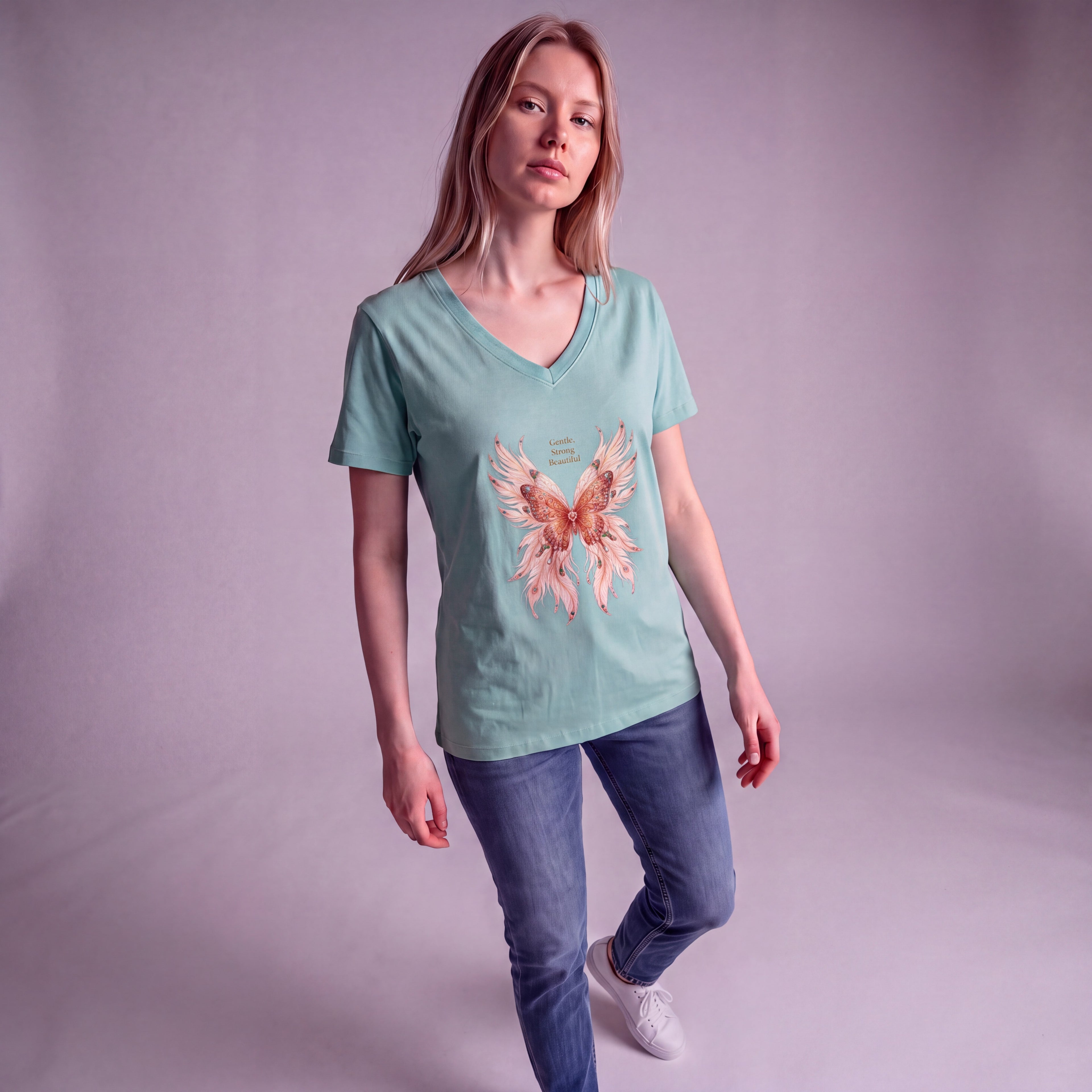 Dames shirt - Butterfly -V-hals met print – korte mouw – comfortabel katoen