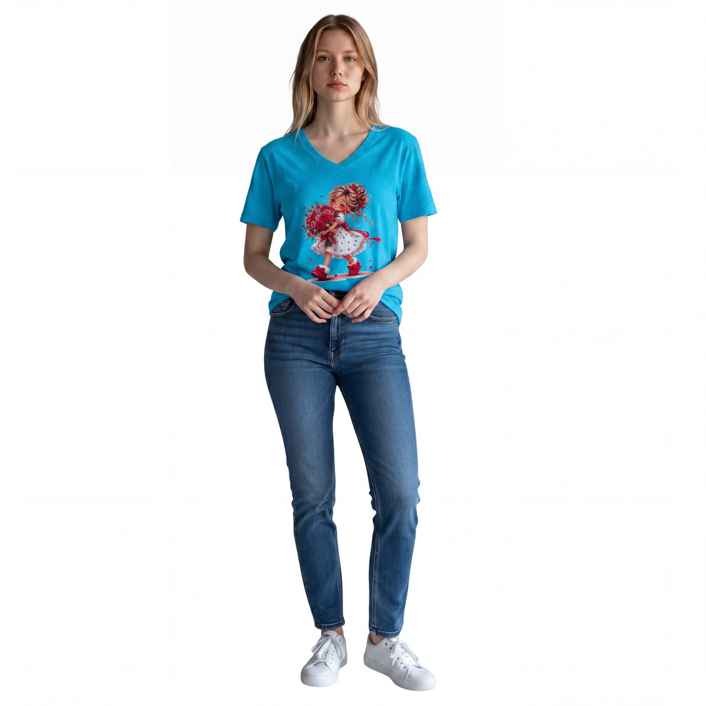 Dames shirt -V-hals met print – korte mouw – comfortabel katoen  - Flower