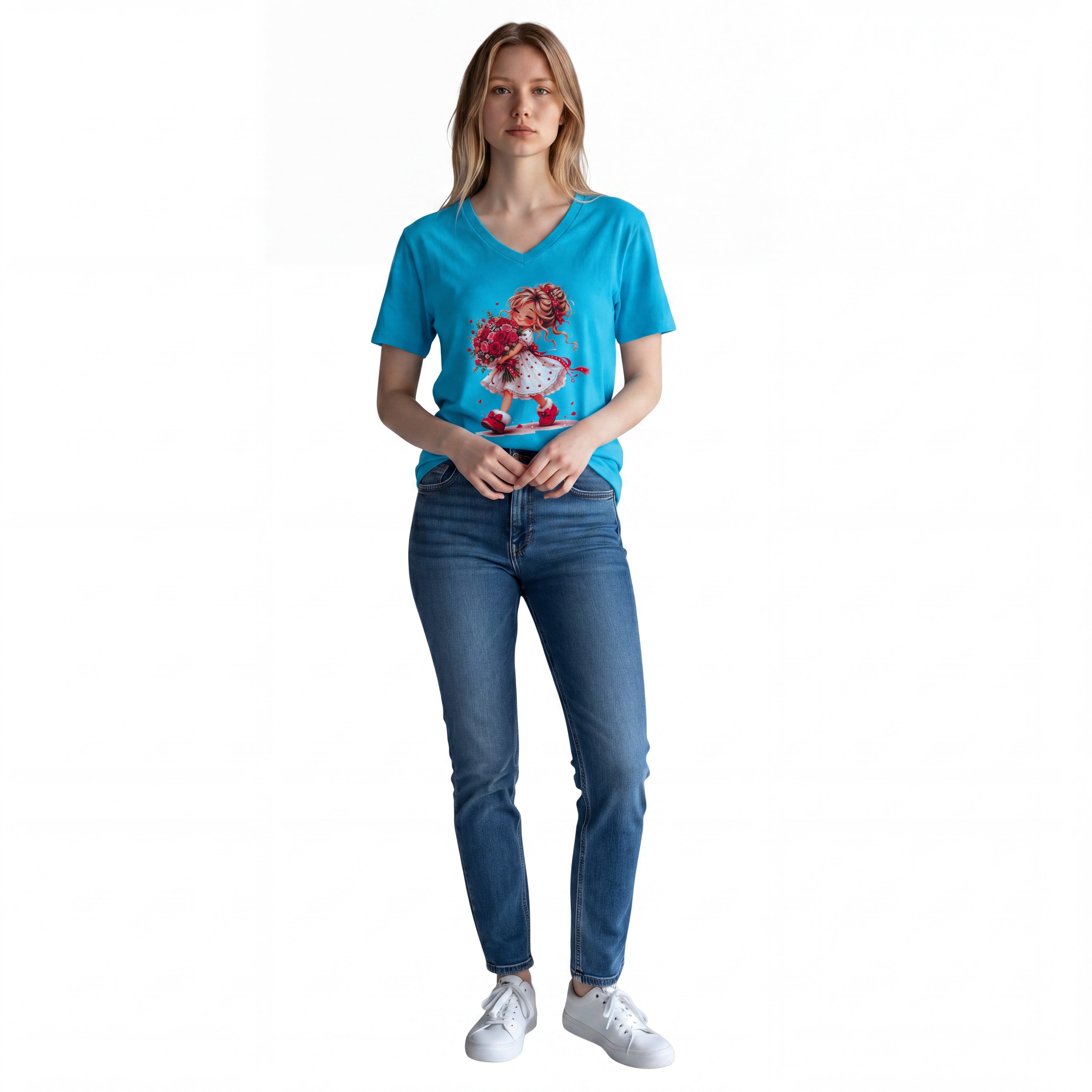 Dames shirt -V-hals met print – korte mouw – comfortabel katoen  - Flower
