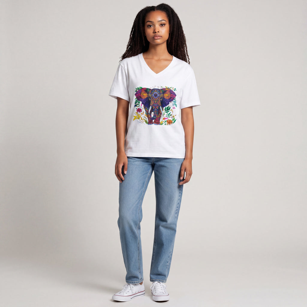 Dames shirt -Olifant- V-hals met print – korte mouw – comfortabel katoen