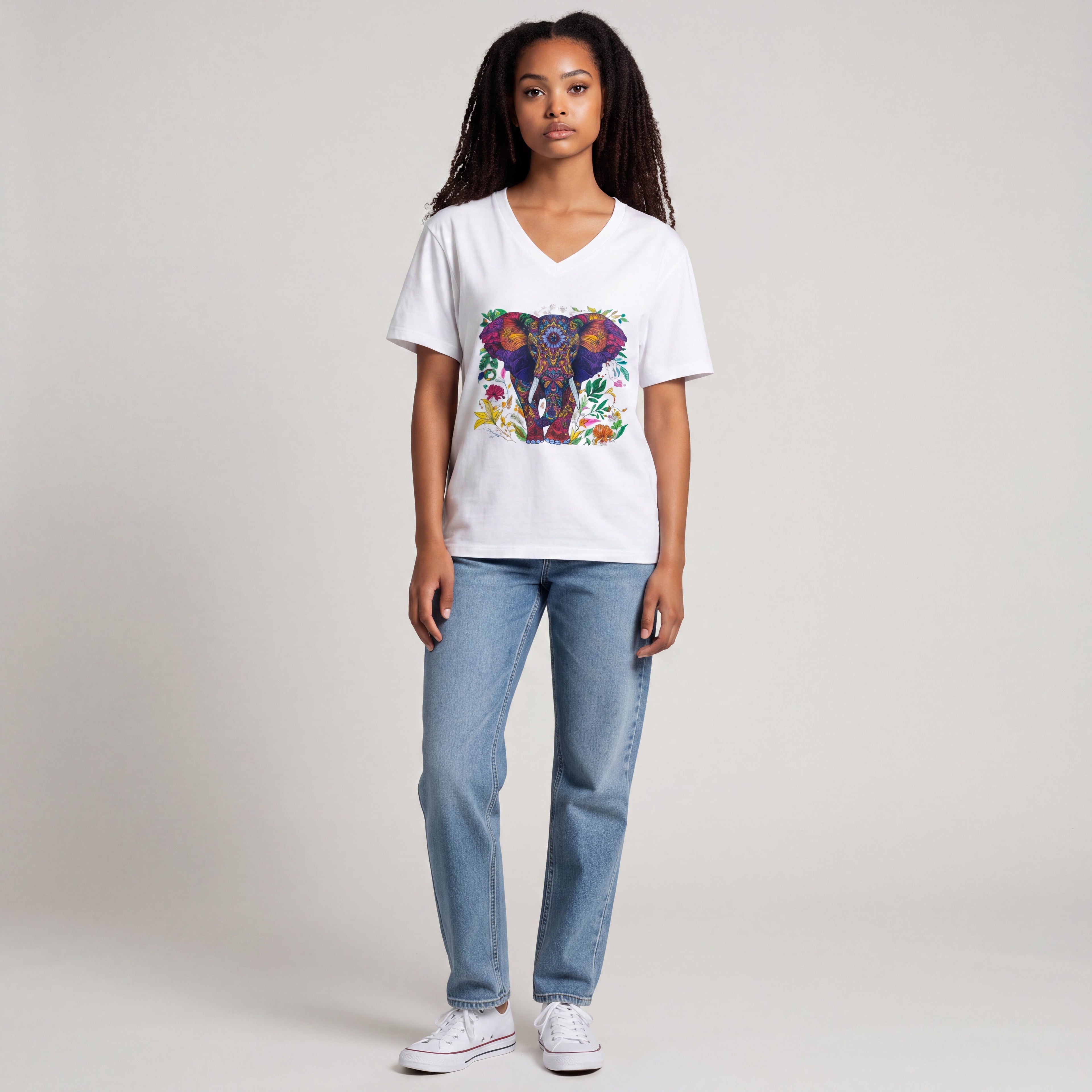 Dames shirt -Olifant- V-hals met print – korte mouw – comfortabel katoen