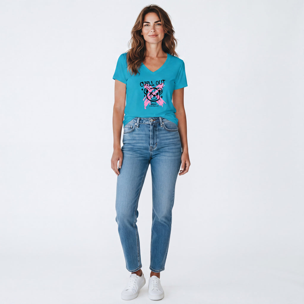 Dames shirt - V-hals met print – korte mouw – comfortabel katoen - Chillout