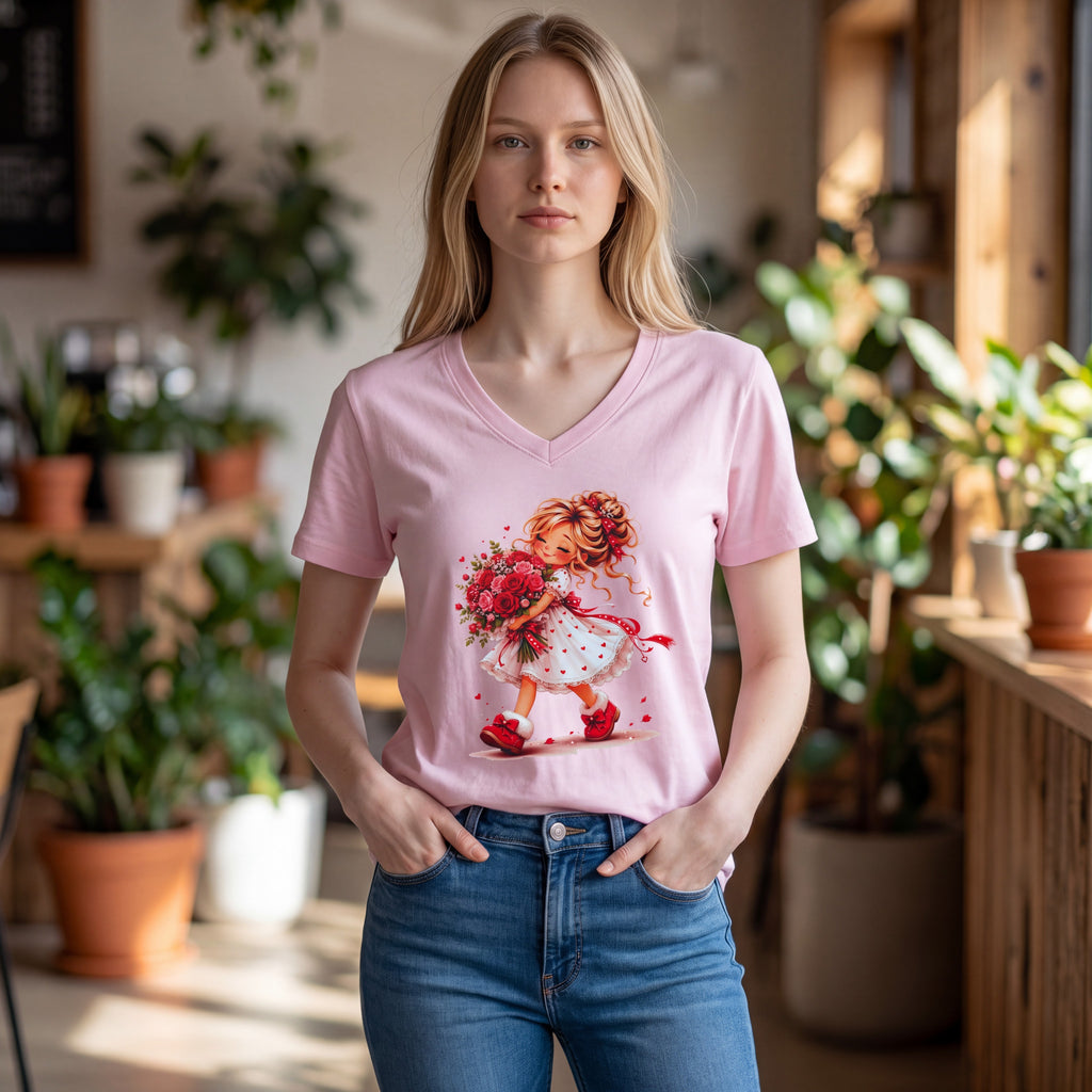Dames shirt -V-hals met print – korte mouw – comfortabel katoen  - Flower