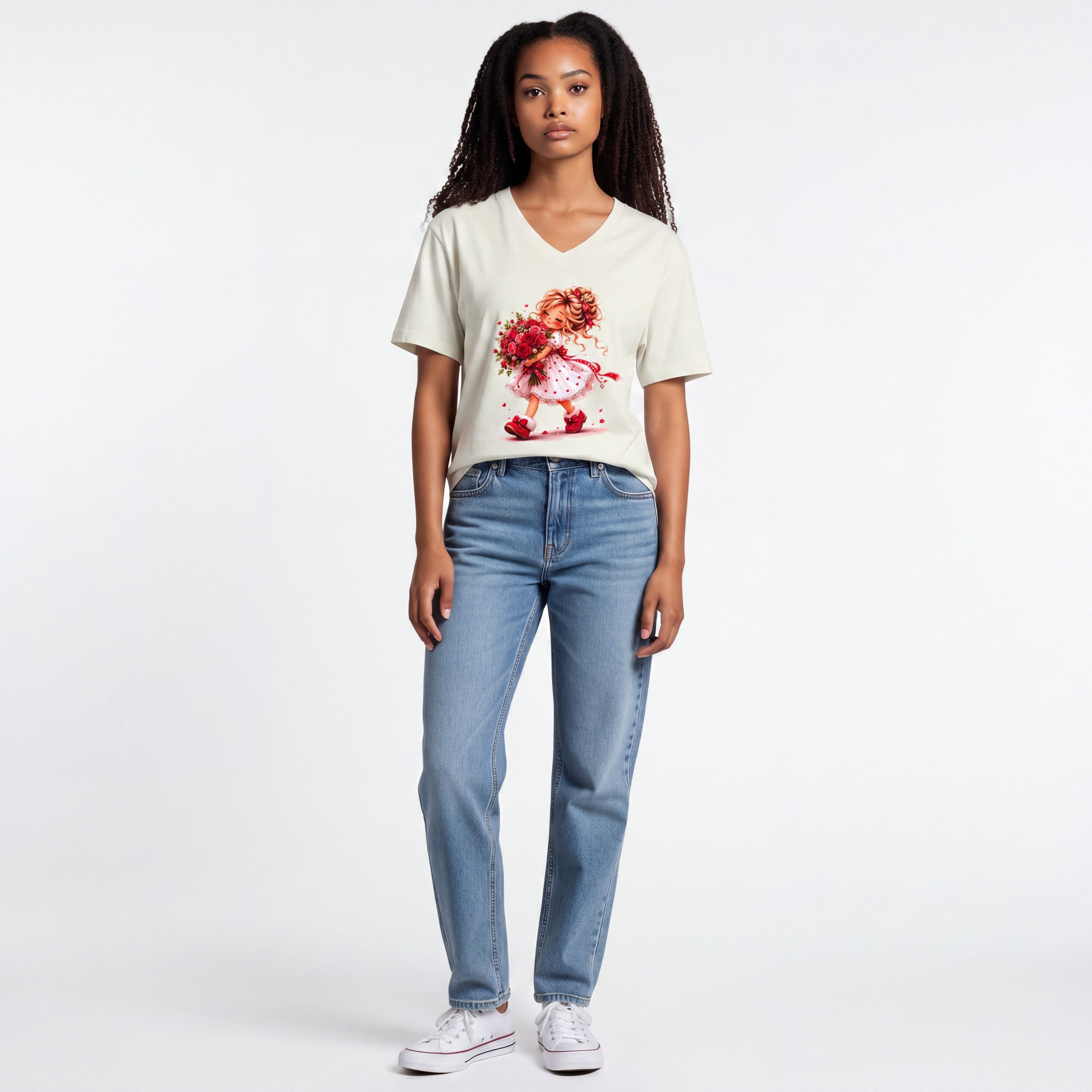 Dames shirt -V-hals met print – korte mouw – comfortabel katoen  - Flower