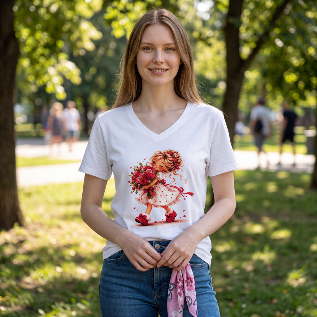 Dames shirt -V-hals met print – korte mouw – comfortabel katoen  - Flower