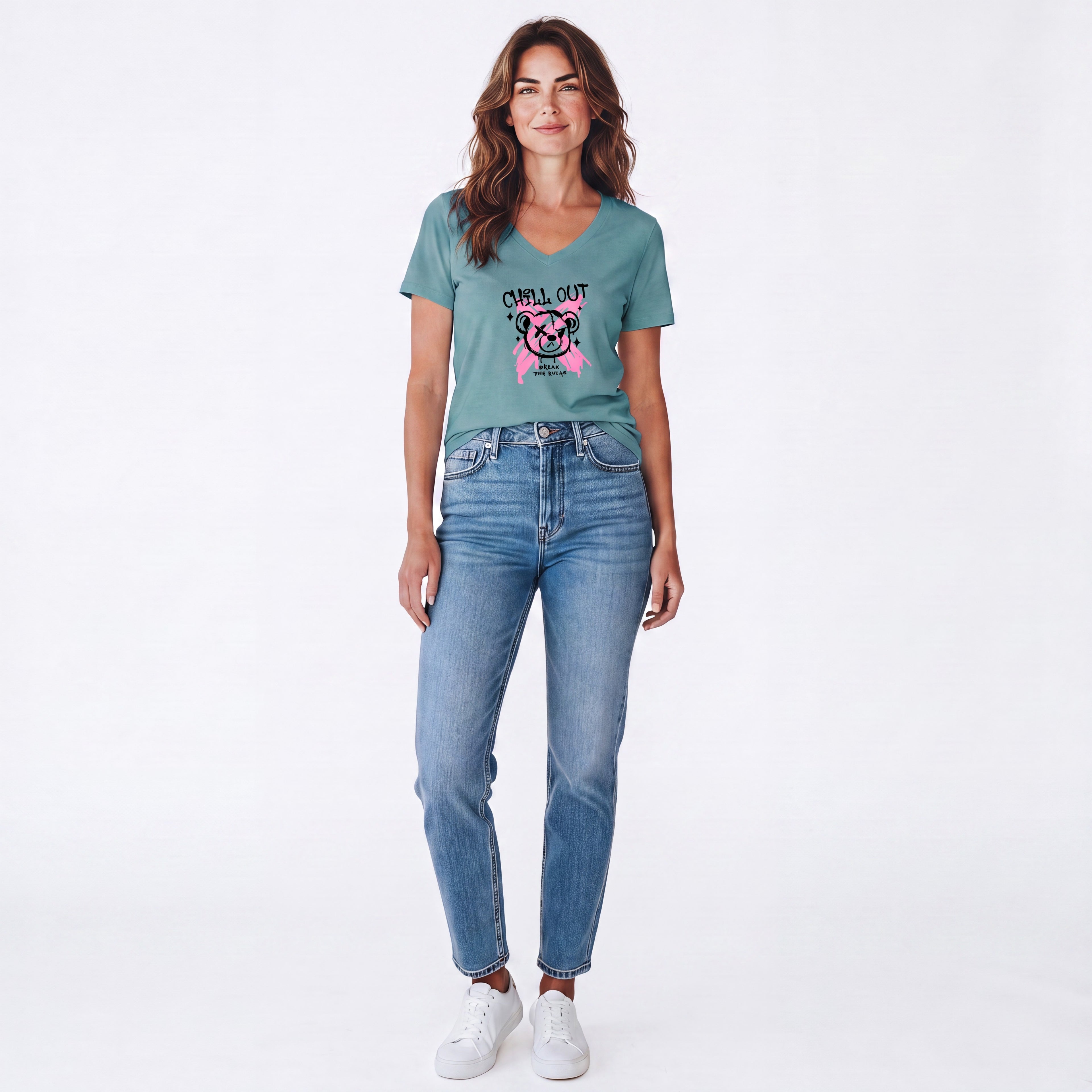 Dames shirt -Chillout- V-hals met print – korte mouw – comfortabel katoen (Kopie)