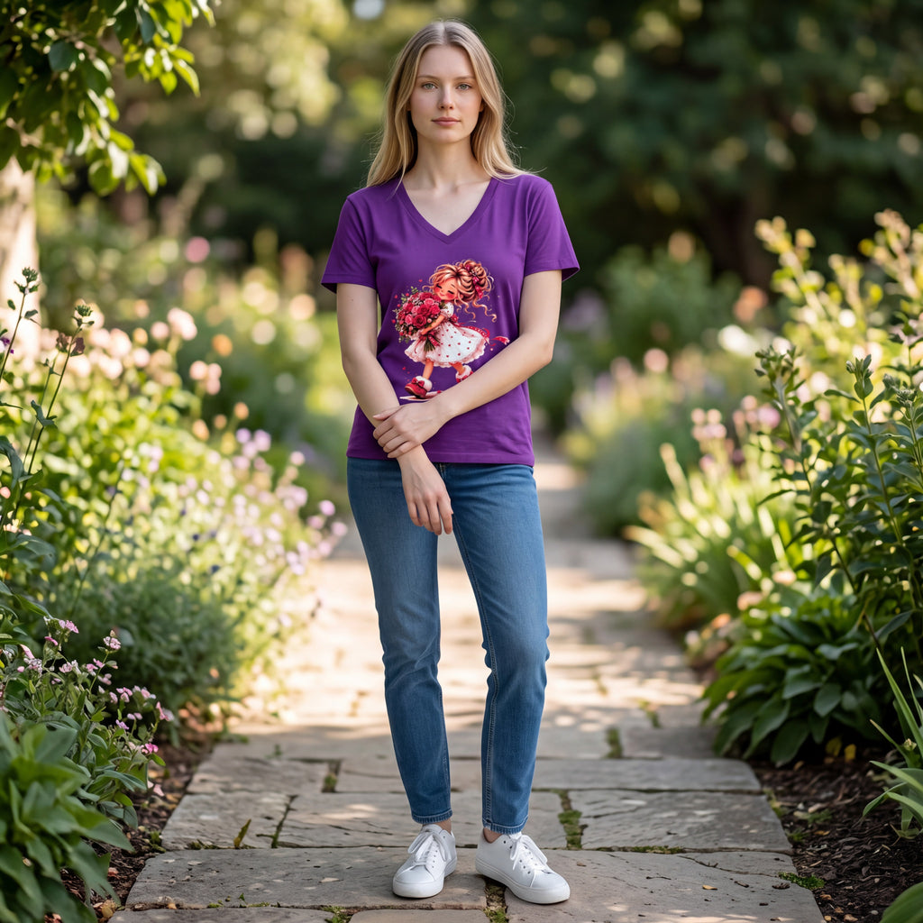 Dames shirt -V-hals met print – korte mouw – comfortabel katoen  - Flower