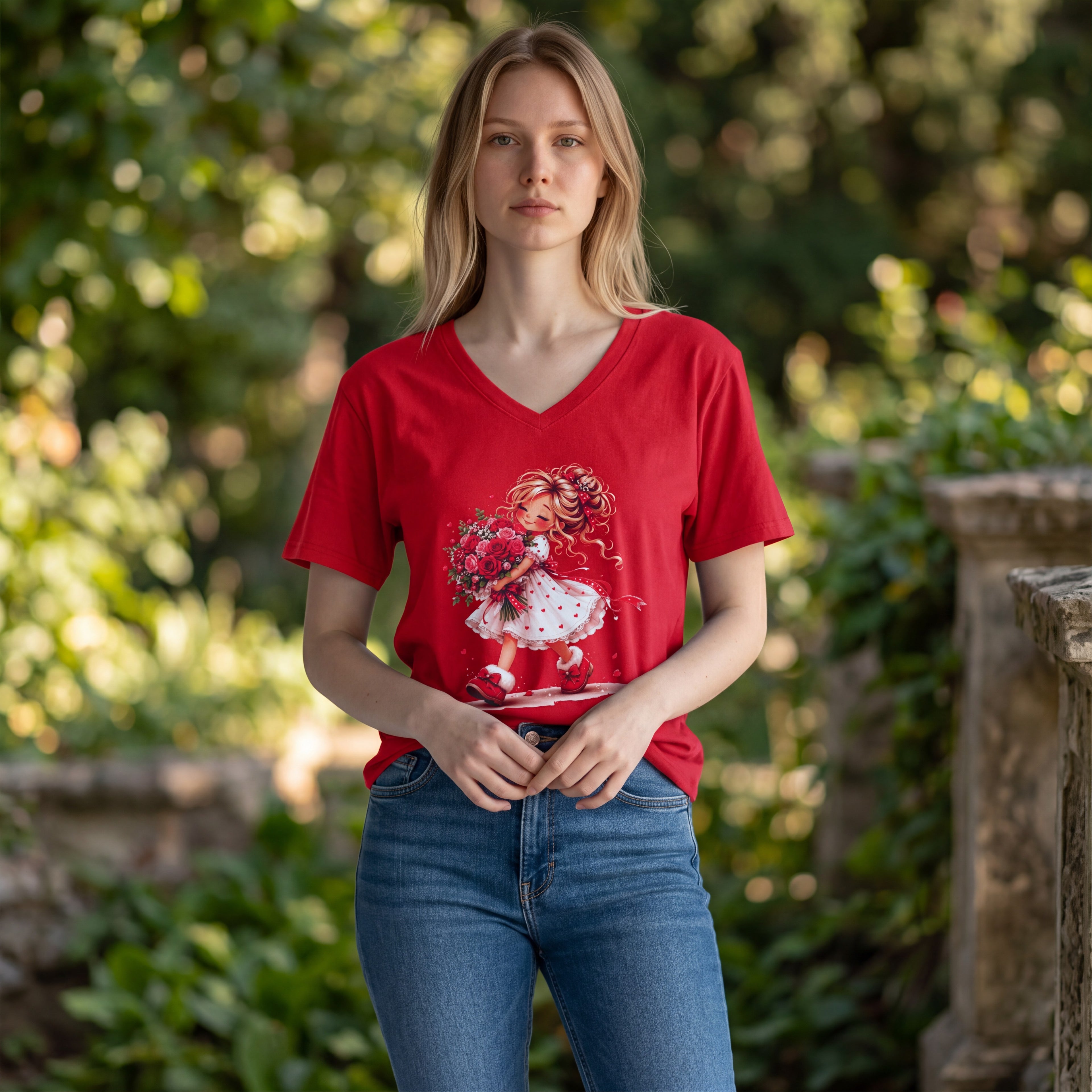 Dames shirt -V-hals met print – korte mouw – comfortabel katoen  - Flower
